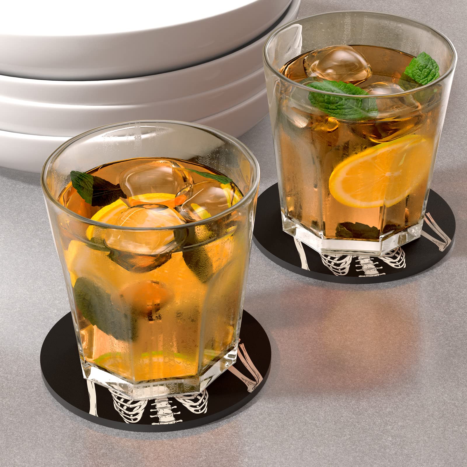 Nipichsha Coasters for Drinks, Set of 6 Cute Absorbent Rubber Drink Coasters for Cup with Non Slip Backing, Kitchen Home Decor Housewarming Gift, Round 4 in, Skull