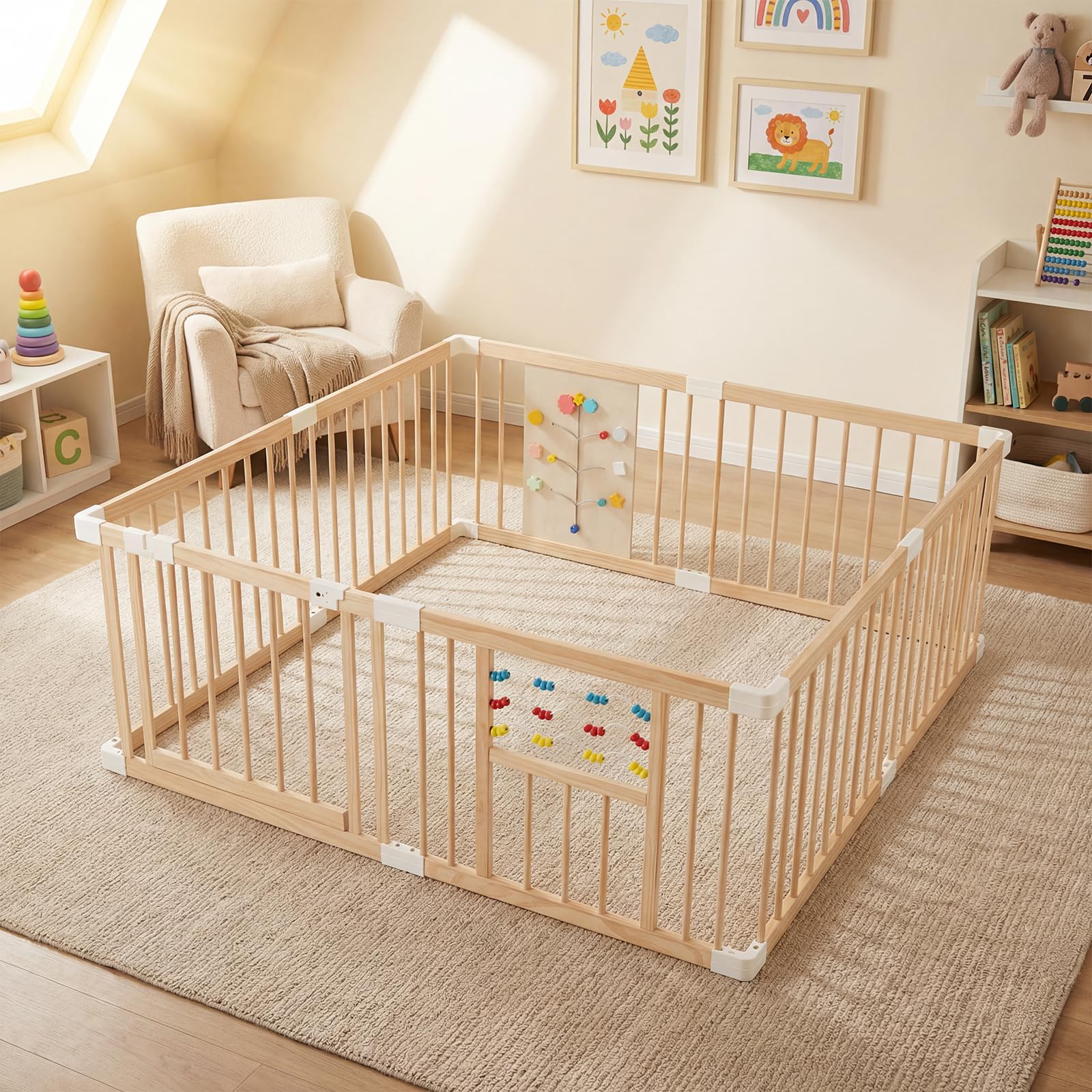 FANTASK Box per bambini in legno di pino, box pieghevole con 8 pannelli, porta, chiusura di sicurezza e tavola Montessori, griglia per gattonare espandibile per neonati e bambini, 160 x 160 cm