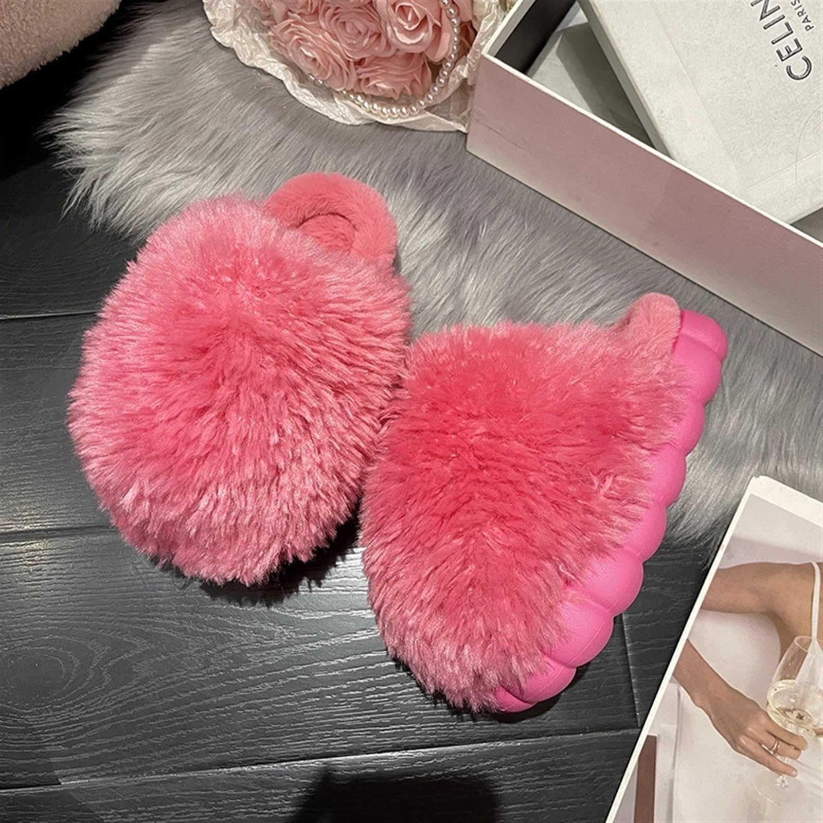 Inverno Pantofole Donna Pantofole invernali in pelliccia da donna calde lati morbidi for interni brevi peluche EVA scarpe in cotone for la casa scarpe casual pantofole con zeppa femminile(White,40 and