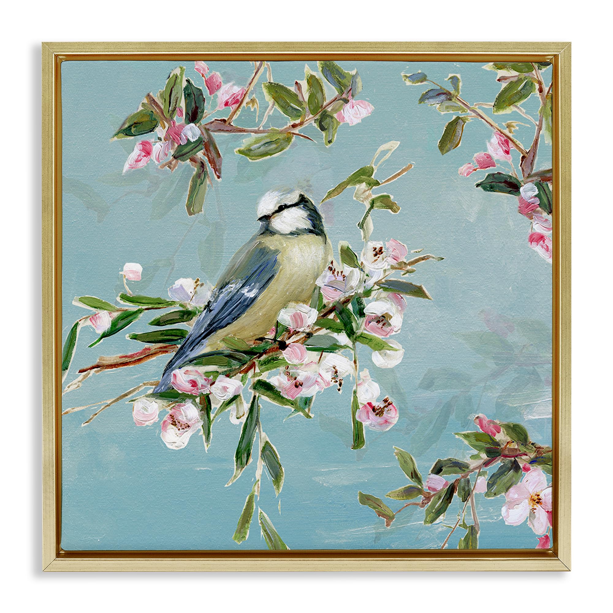 'Songbird Perched on Blooms'| Floating Frame Canvas Art