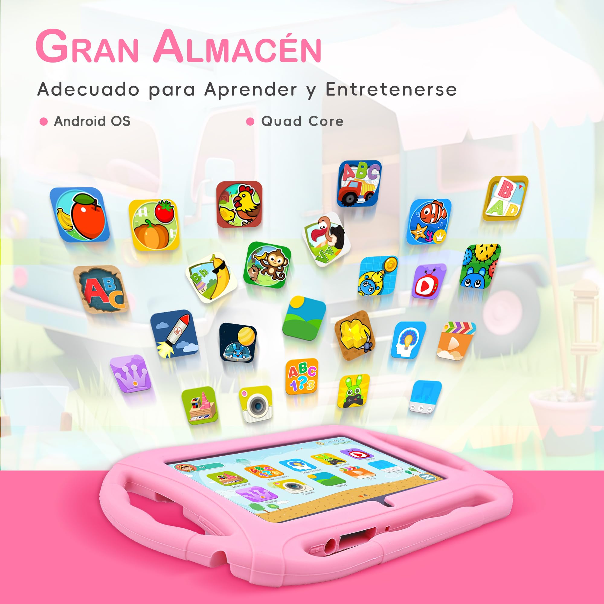 Veidoo Android Tablet para niños, 7 Pulgadas HD Tablet Infantil, 2GB RAM 32GB ROM, WiFi, Cámara Dual con Estuche, Control Parental, Juegos Educativos, Protección para Los Ojos(Rosa)