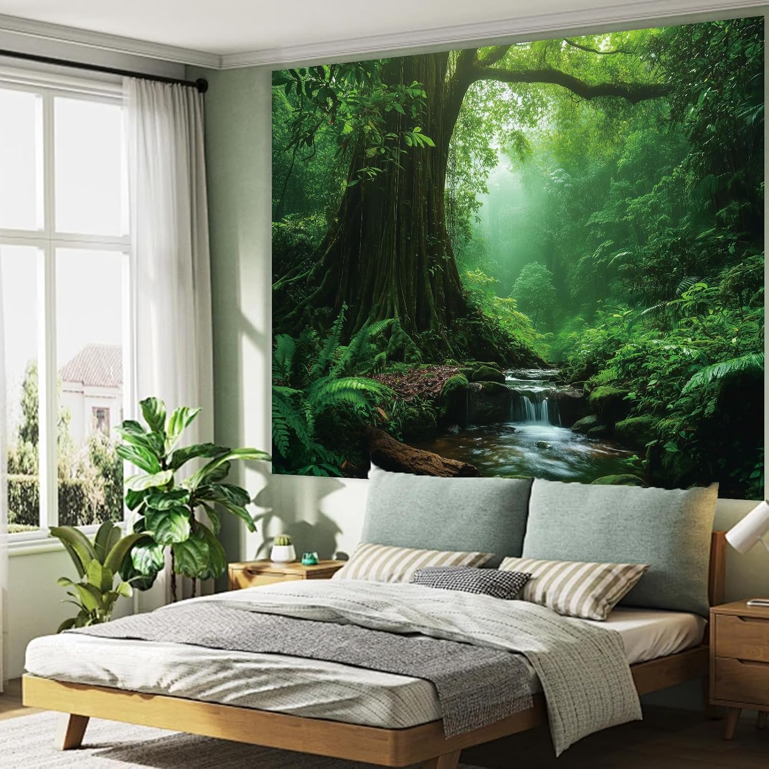 Apdidl Forest Nature Green Extra Large Tapestry for Bedroom Decor, Misty Landscape Large Tree Tapestries Wall Mural Hanging, Fantasy Scenic Big Tree Rivers Backdrop for Living Room Indoor Outdoor Decoration 71"X90"