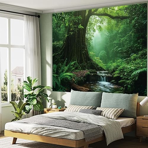 Miniatura 7 de Apdidl Tapiz verde de naturaleza forestal para decoración de dormitorio, paisaje brumoso, tapiz de árbol grande, mural de pared, fondo de fantasía