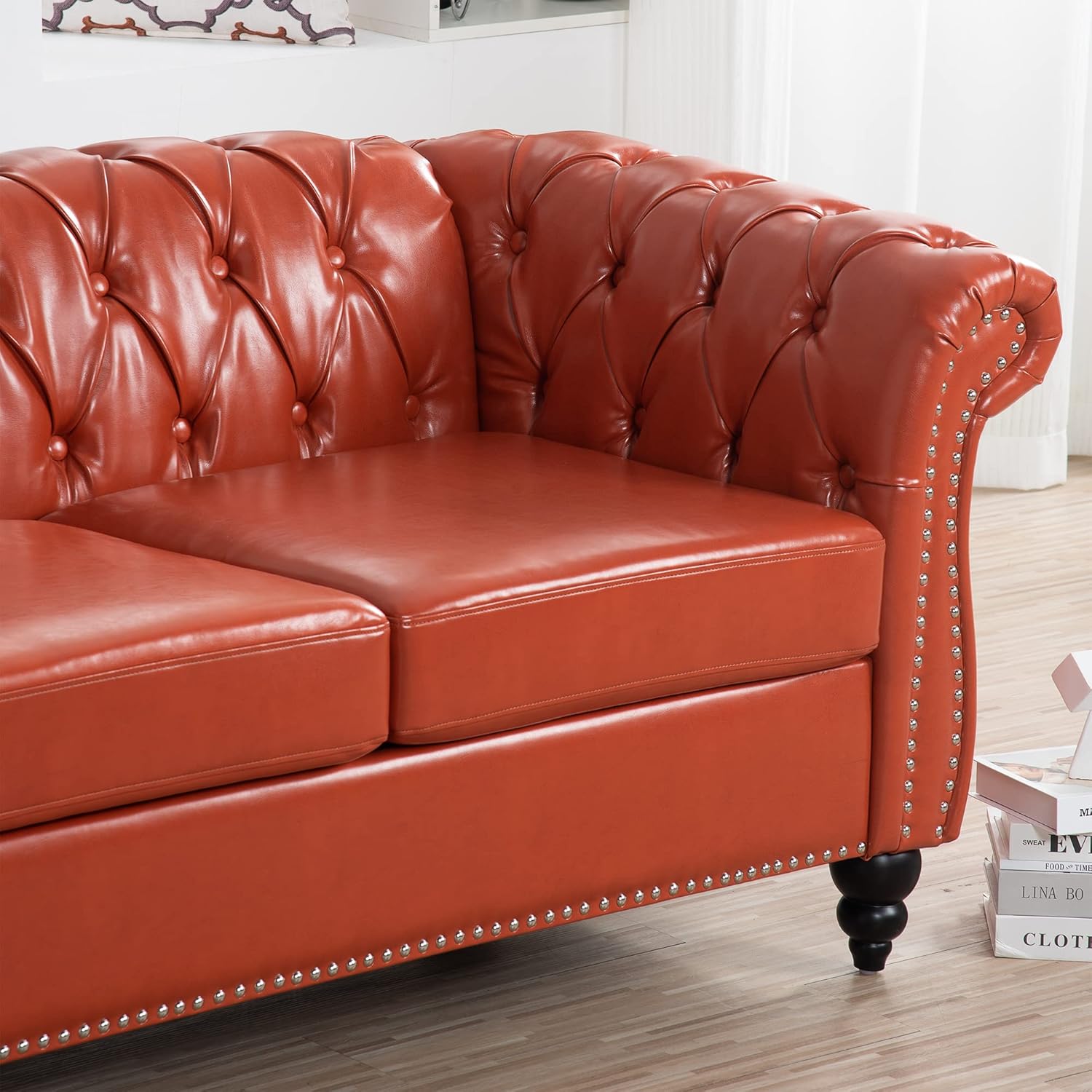 85" Chesterfield PU Fabric 3 Seater Couch-2 Set 39" Single Chair Set Furniture,Upholstered Sofa with Tufted Back,Roll Arm Classic Chesterfield Settee Couches for Living Room,Office(Orange + PU)