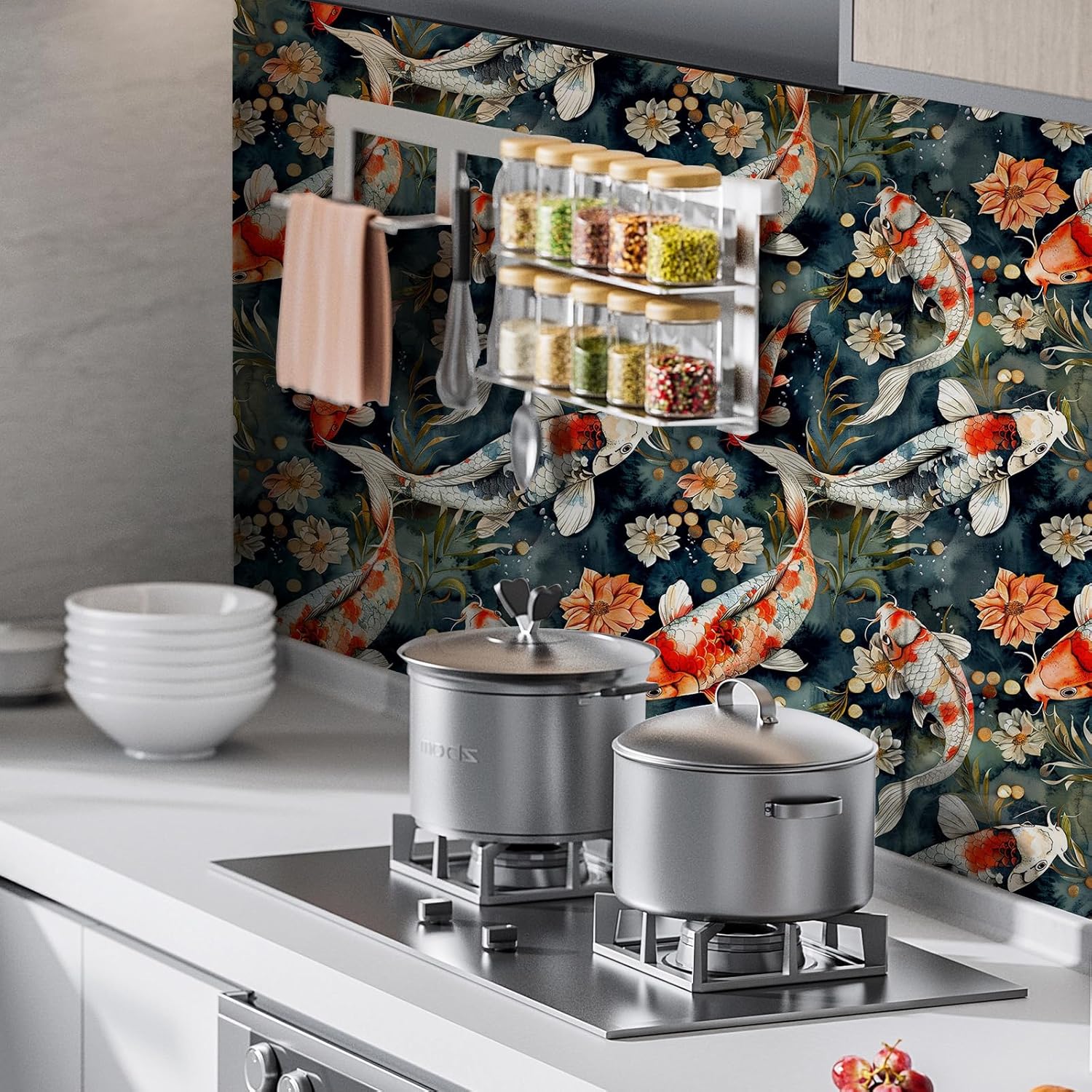 Red Chinoiserie Fish Floral Wallpaper Self Adhesive Peel and Stick Watercolor Vintage Vivid koi Leaf Contact Paper Removable Waterproof for Bedroom Renter Friendly 17.71"x236.2"