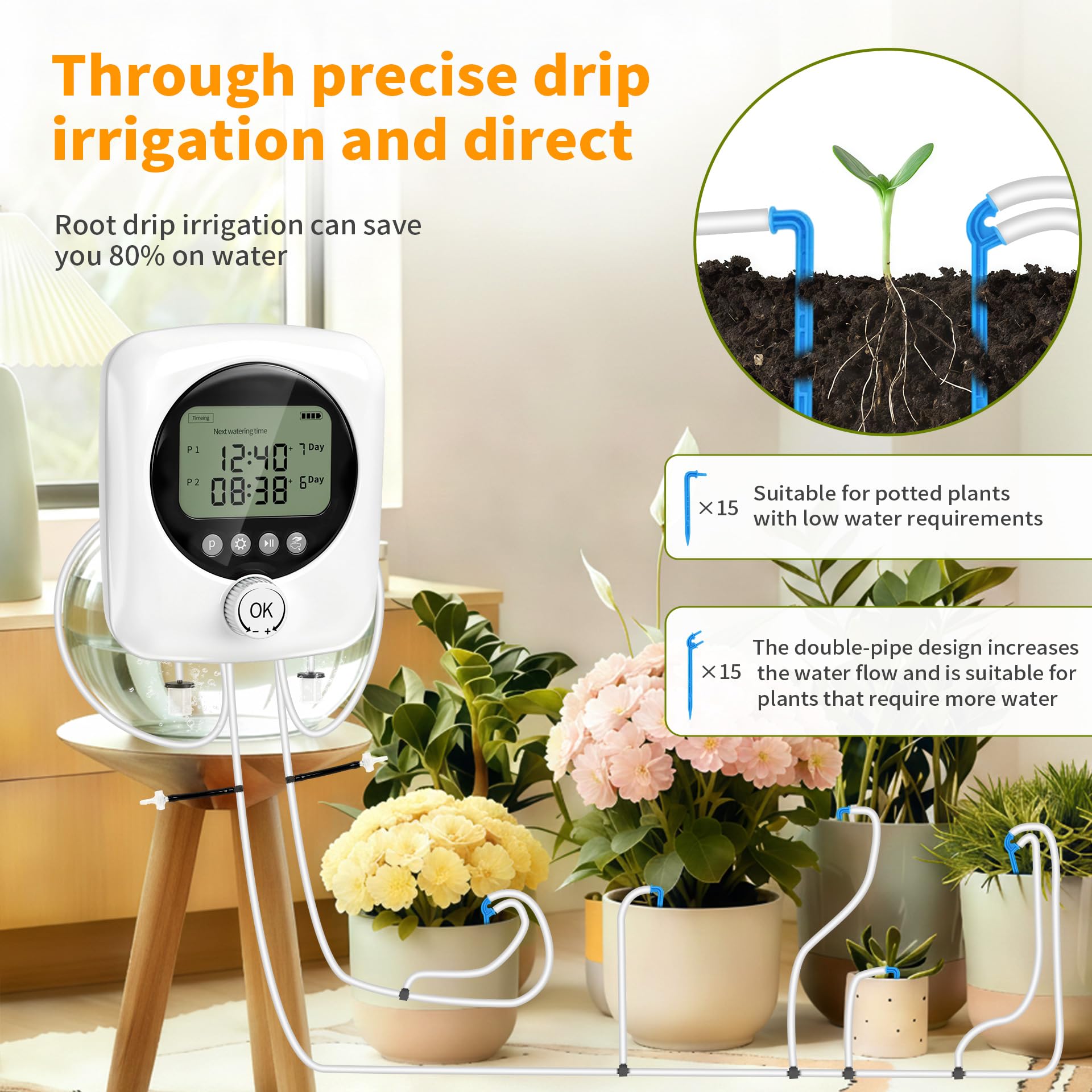 Irrigazione a Goccia Automatica Doppia Pompa, Kit Irrigazione a Goccia Ricaricabile USB-C con Batteria 4400mAh, Programmatore con Timer Regolabile, Portata 800ml/min per Giardino Balcone