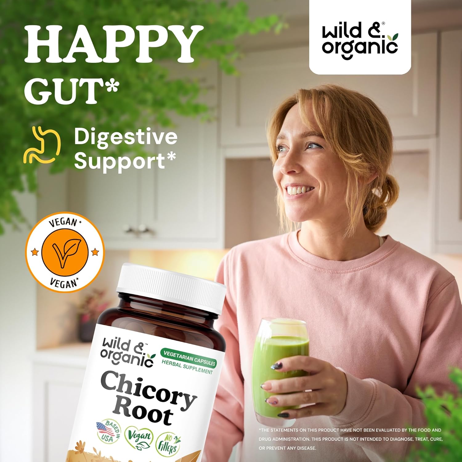 Wild & Organic Chicory Root Fiber Capsules - 1200 mg of Chicory Root Powder per Serving - Digestive & Gut Support - Inulin Prebiotic Fiber Supplement - Non-GMO, Vegan Inulin Capsules - 180 Count - Image 2