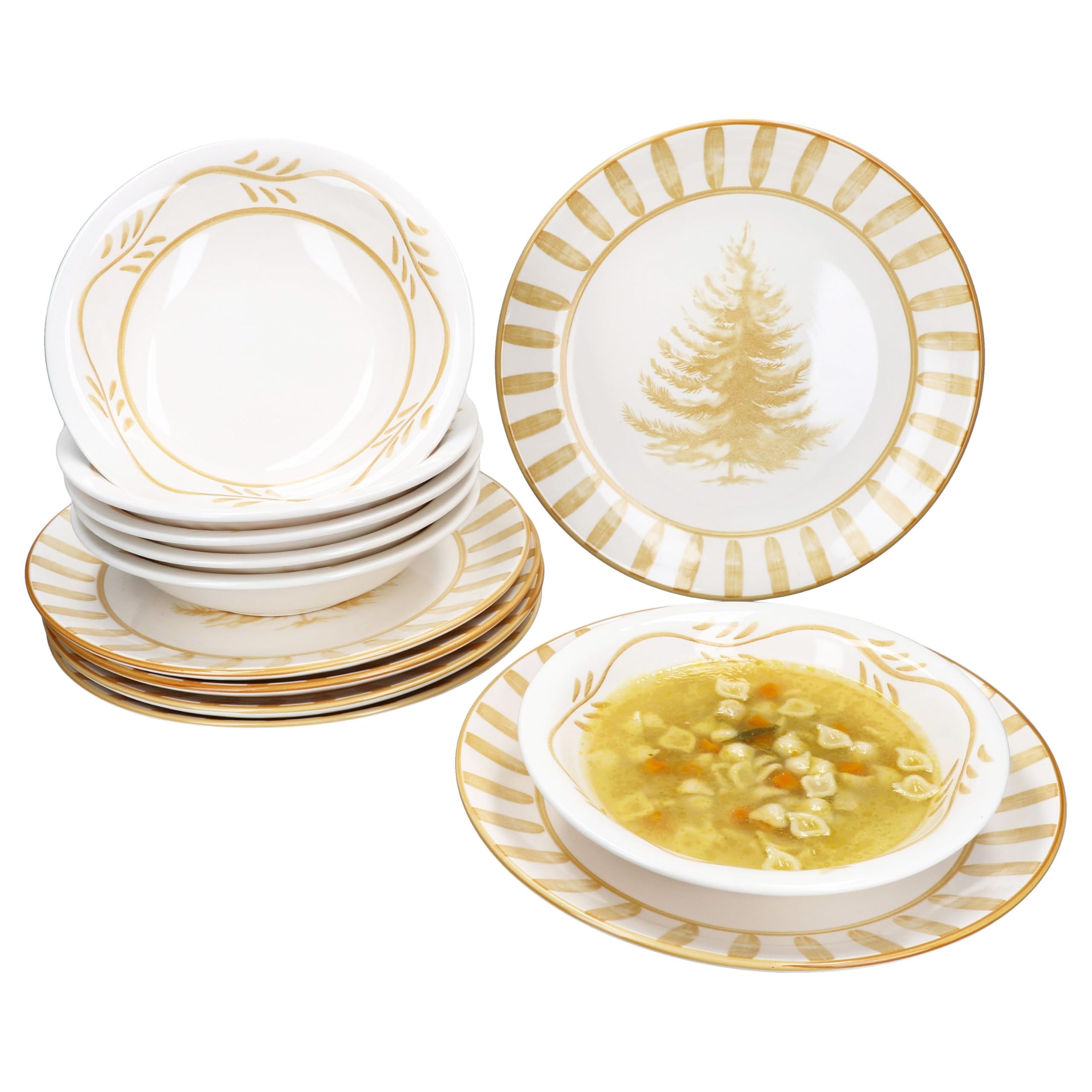 MamboCat Wald ocker 12tlg Tafelservice I Steingut-Geschirr für 6 Personen Tanne & Zweigen I 6x flache Speiseteller & 6x tiefe Suppenteller 400ml