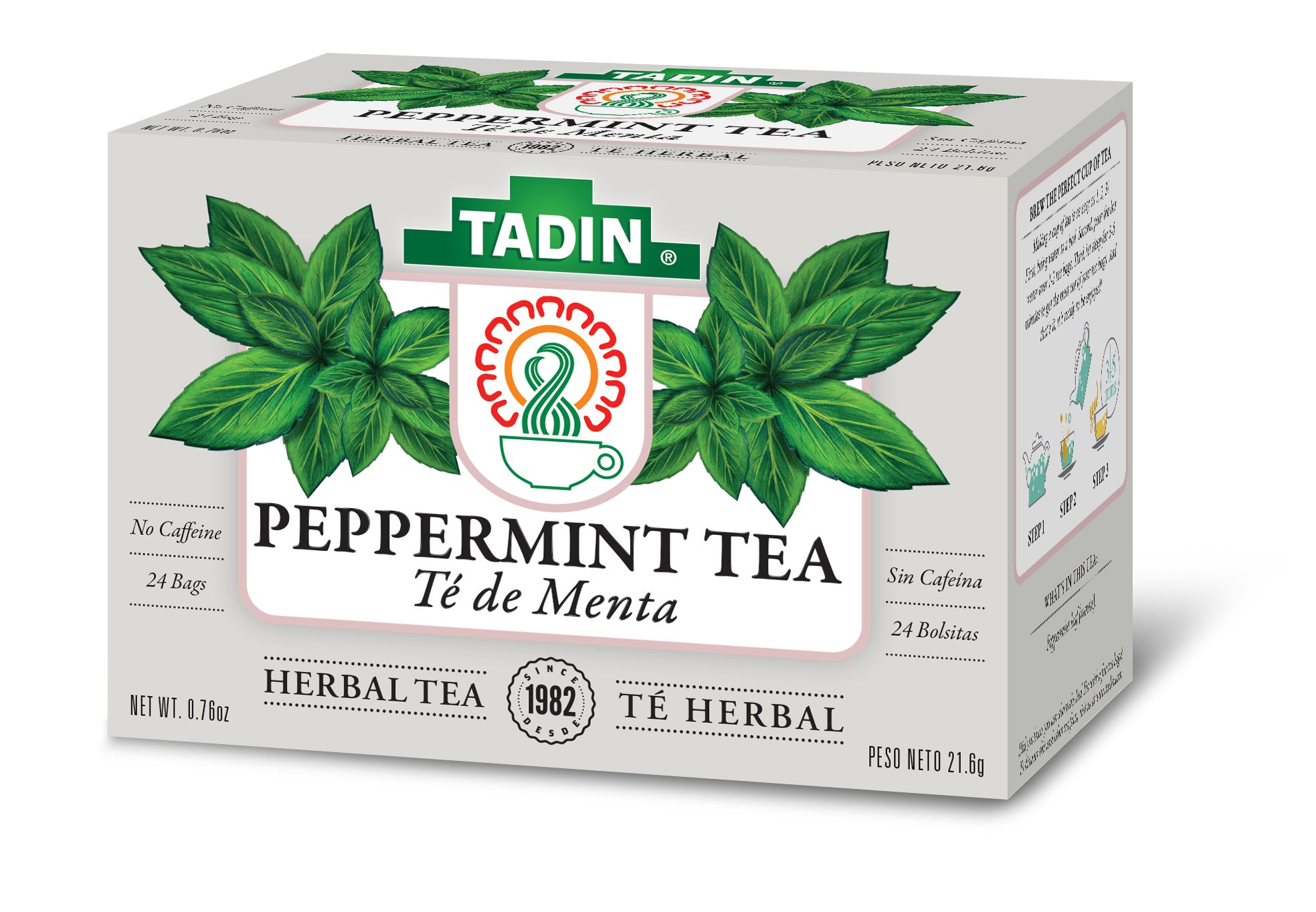Tadin Peppermint Herbal Tea, Caffeine Free, 24 Tea Bags Per Box, 6 Boxes Total
