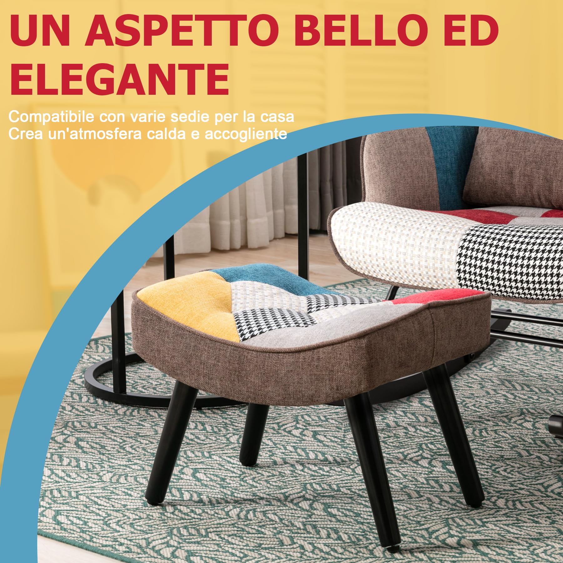 Poggiapiedi Ottomane Gambe in Legno Lino Patchwork Colorato Soggiorno Camera da Letto 41CMx51CMx37CM