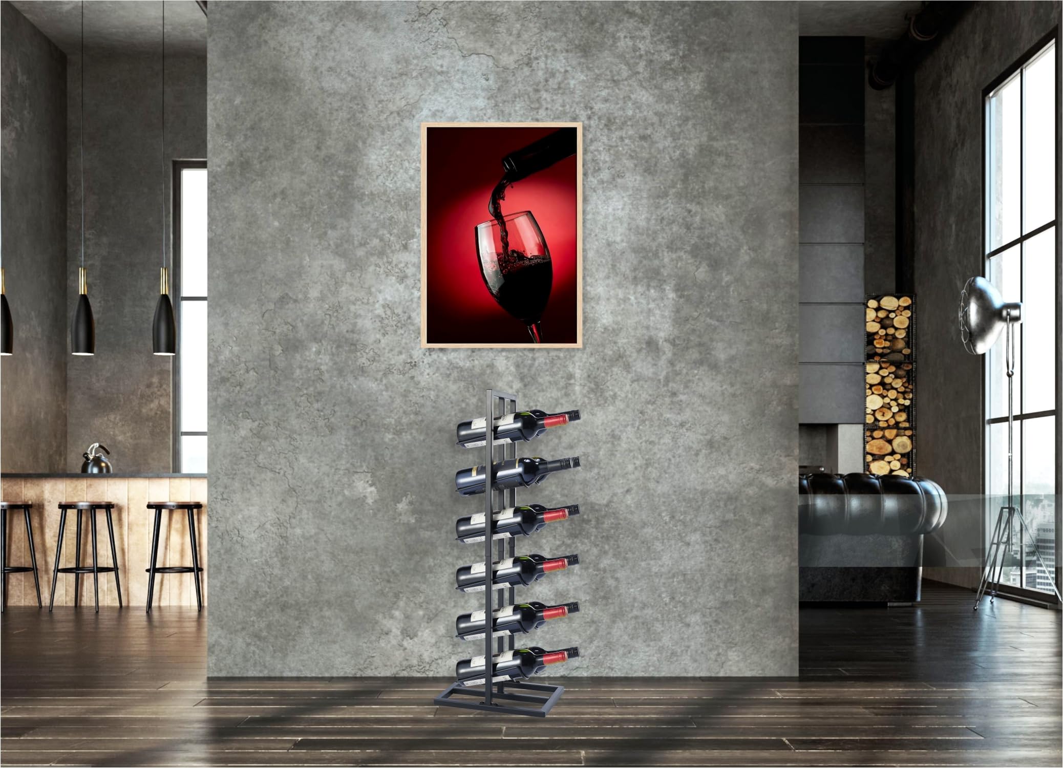 Botellero para botellas 6 o 12 - Gabinete de vino - Portabotellas de vino - Almacenamiento de vinos con sacacorchos - Negro - Recubrimiento en polvo Metal Acero Botelero Estilo industrial