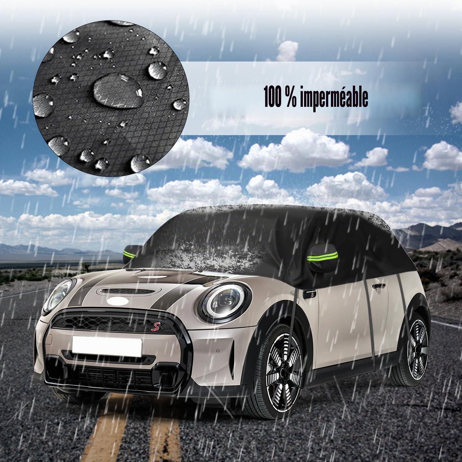 Housse de Voiture Imperméable Remplacement pour Mini Cooper 3 Portes 2000-2025, Demi Housse de Voiture Résistante Aux UV, Anti-Poussière Demi Garage, pour Extérieur et Intérieur