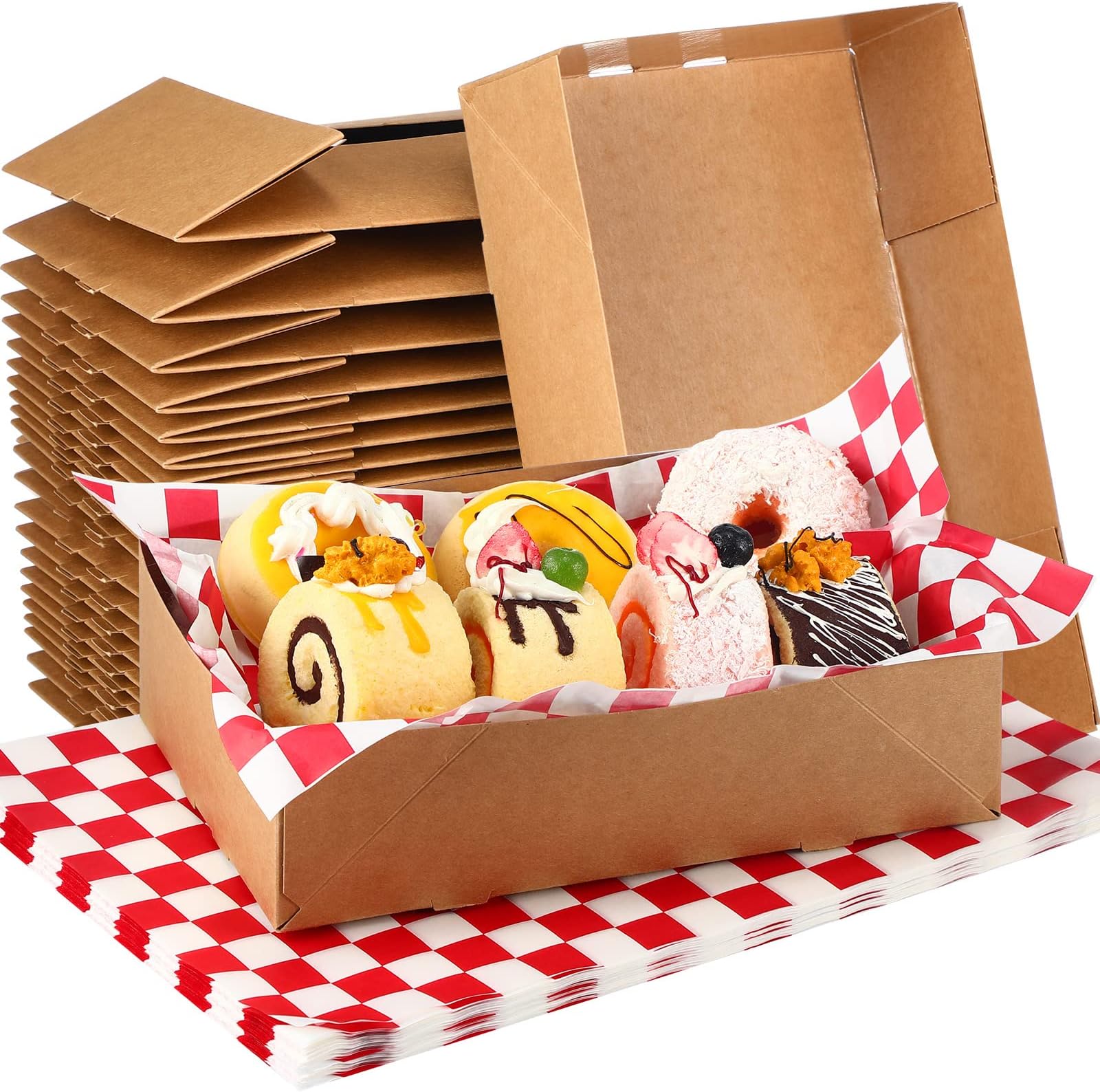 Laumoi 50 Set Kraft Paper Food Tray Brown Greaseproof 4 Corner Pop up Paperboard Food Box Disposable Foldable Cardboard Trays with Checkered Wrapping Paper for Theater Stadium