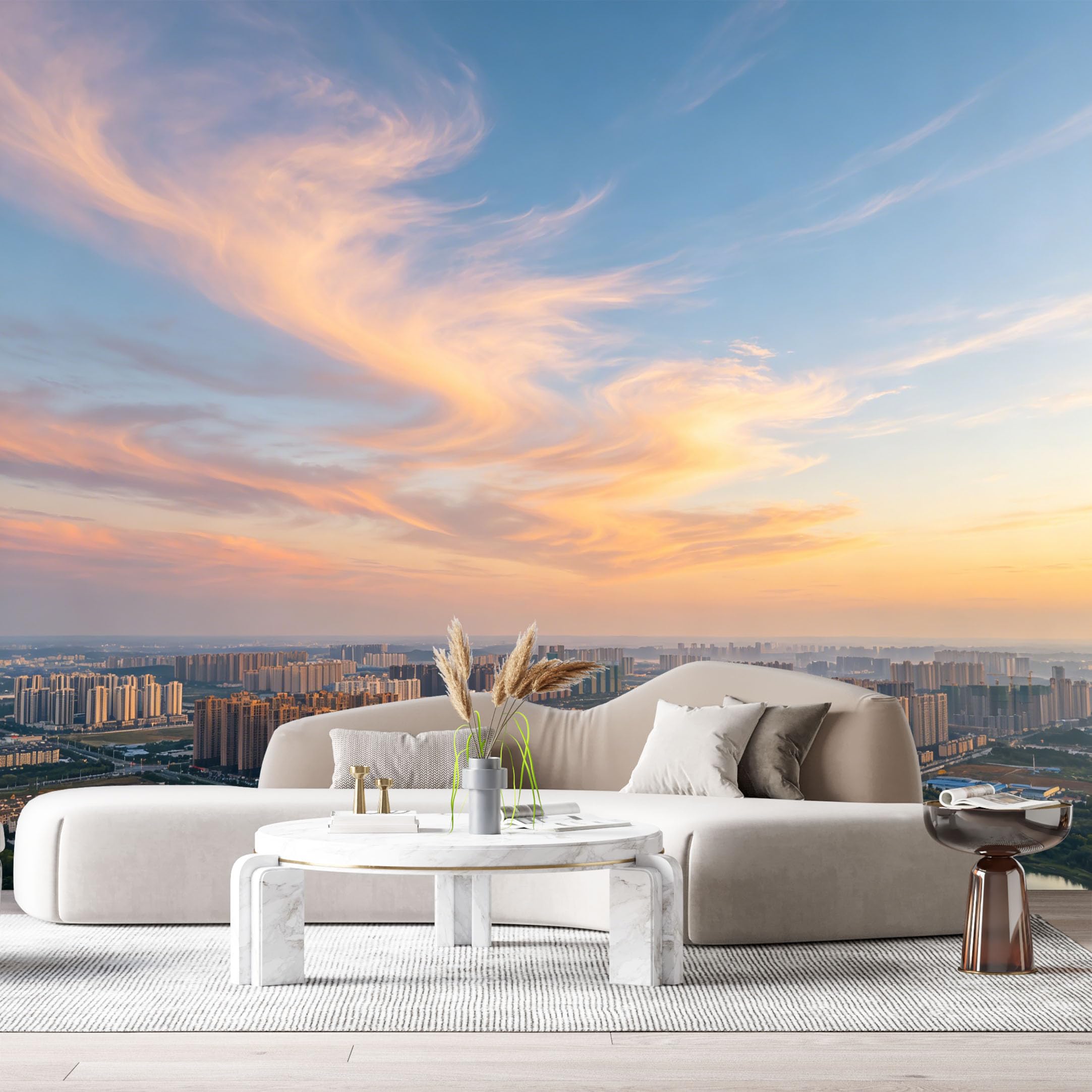Custom Size Wall Murals Modern Cityscape Sunset Sky Clouds Urban Skyline Landscape Contemporary SelfAdhesive Wall Fabric Removable Large Wallpaper for Photo Living Room