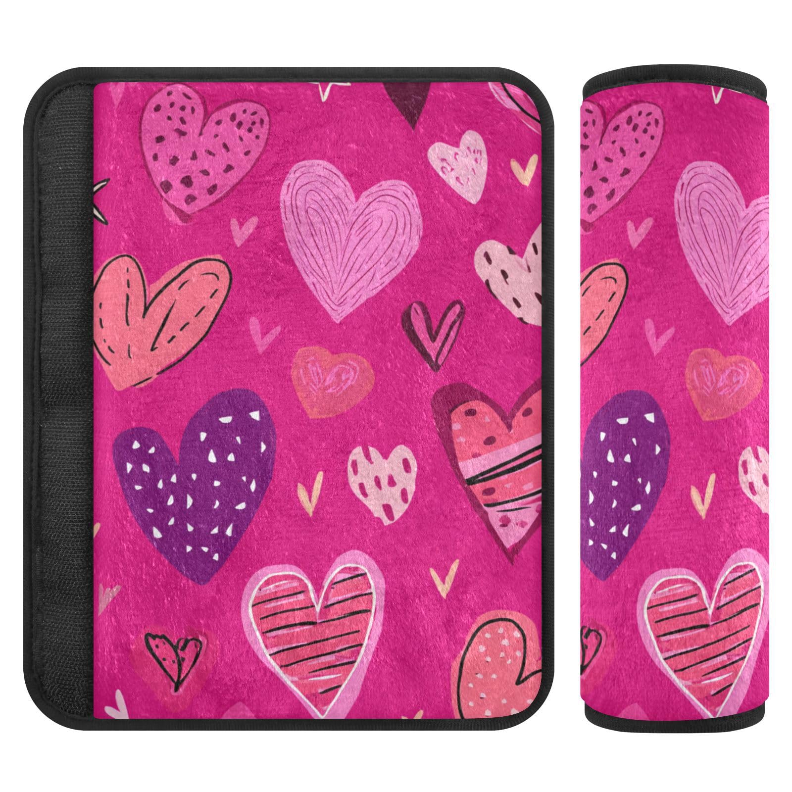 Hot Pink Doodle Hearts Stars Seat Belt Cover Pad 2 Pcs Soft Cute Seatbelt Covers Protector Support Head Neck Shoulder Strap for Car Seats High Chair Backpack for Adults Kids Women Men 10x7.7In