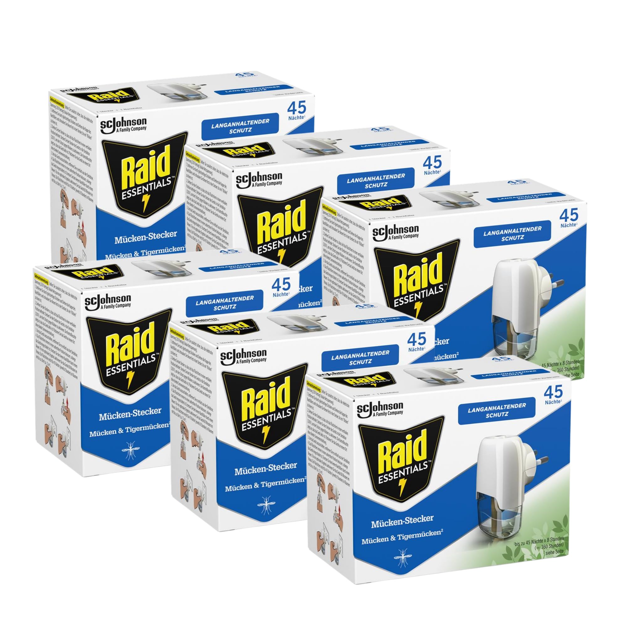 Raid Essentials Mückenstecker 45 Nächte, Elektrischer Insekten-Schutz vor Mücken & Tigermücken, 6er Pack (6 x 32 ml)