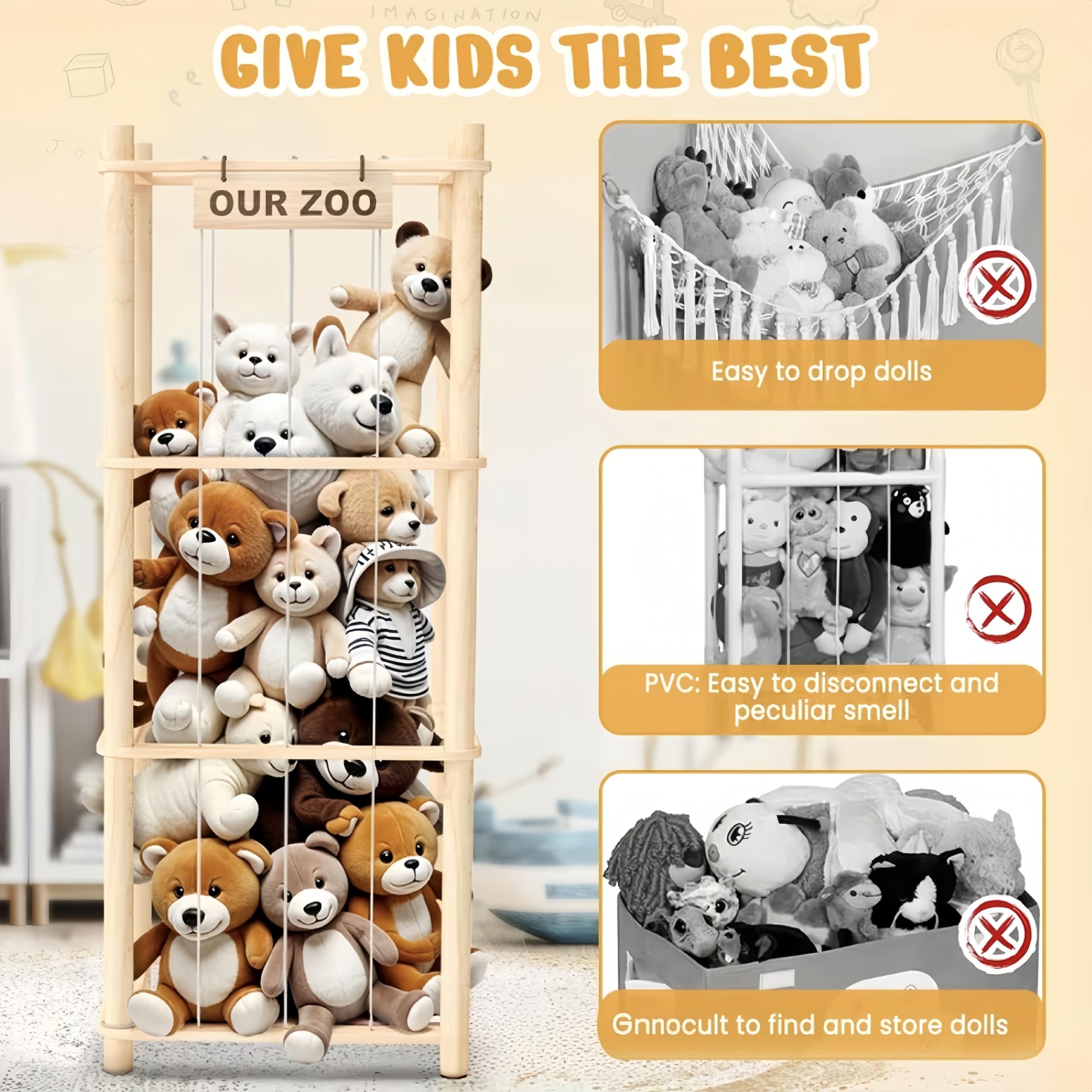 Estantería Organizadora de Peluches en Madera de Pino Natural - Almacenaje de Juguetes para Niños y Niñas 40x40x136 cm - Diseño Creativo Que Ahorra Espacio Ideal para Sala de Juegos