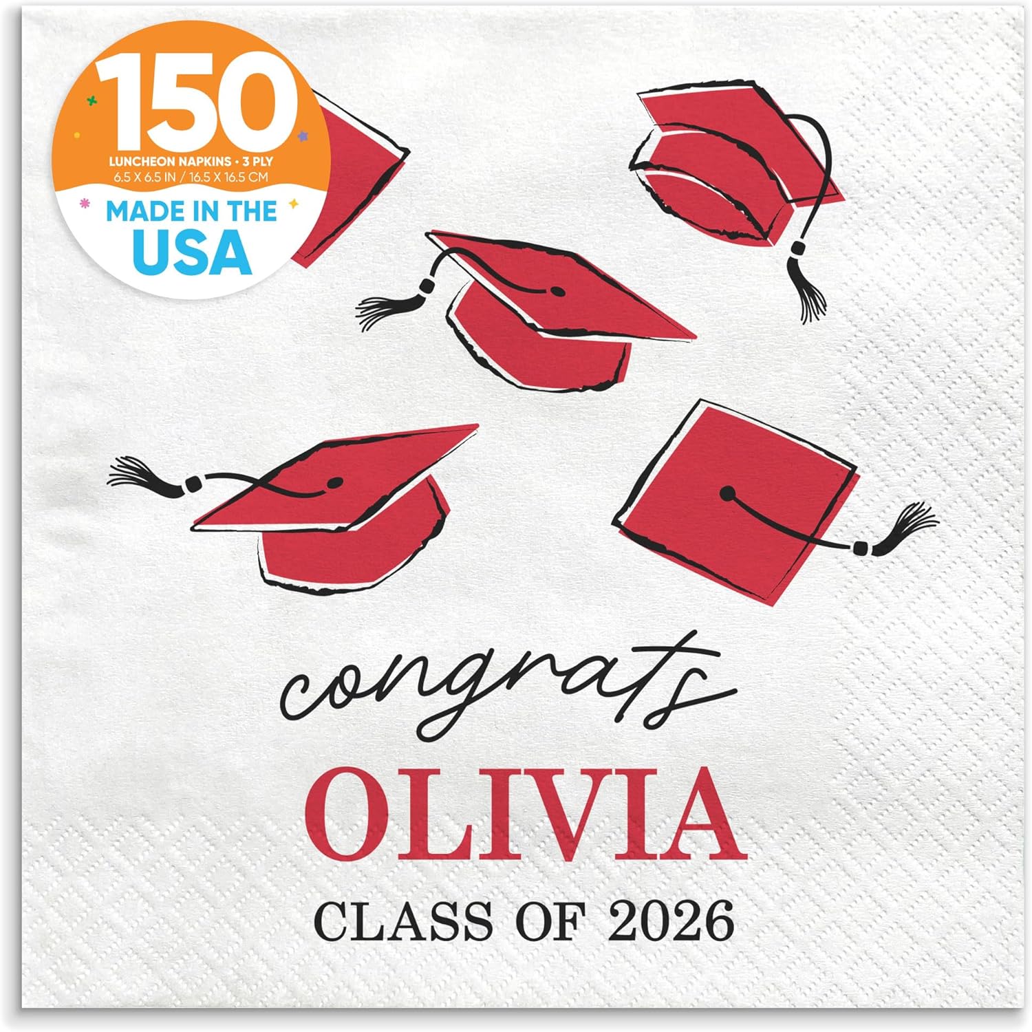 Big Dot of Happiness Personalized Red Graduation Party Napkins, Vibrant Color Printing on White 3-Ply Paper, Custom Class of 2026 Luncheon Napkins - 150 Count