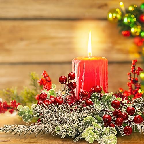 Miniatura 7 de Anillos de vela de Navidad, decoración de coronas, bayas rojas artificiales, agujas de pino nevado, coronas colgantes, guirnalda colgante para