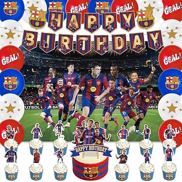 42Pack FC Soccer Party Supplies Pack Includes,Banner,Cake Topper,Blackdrop,Balloons for Barcelona Football party Decoration plates