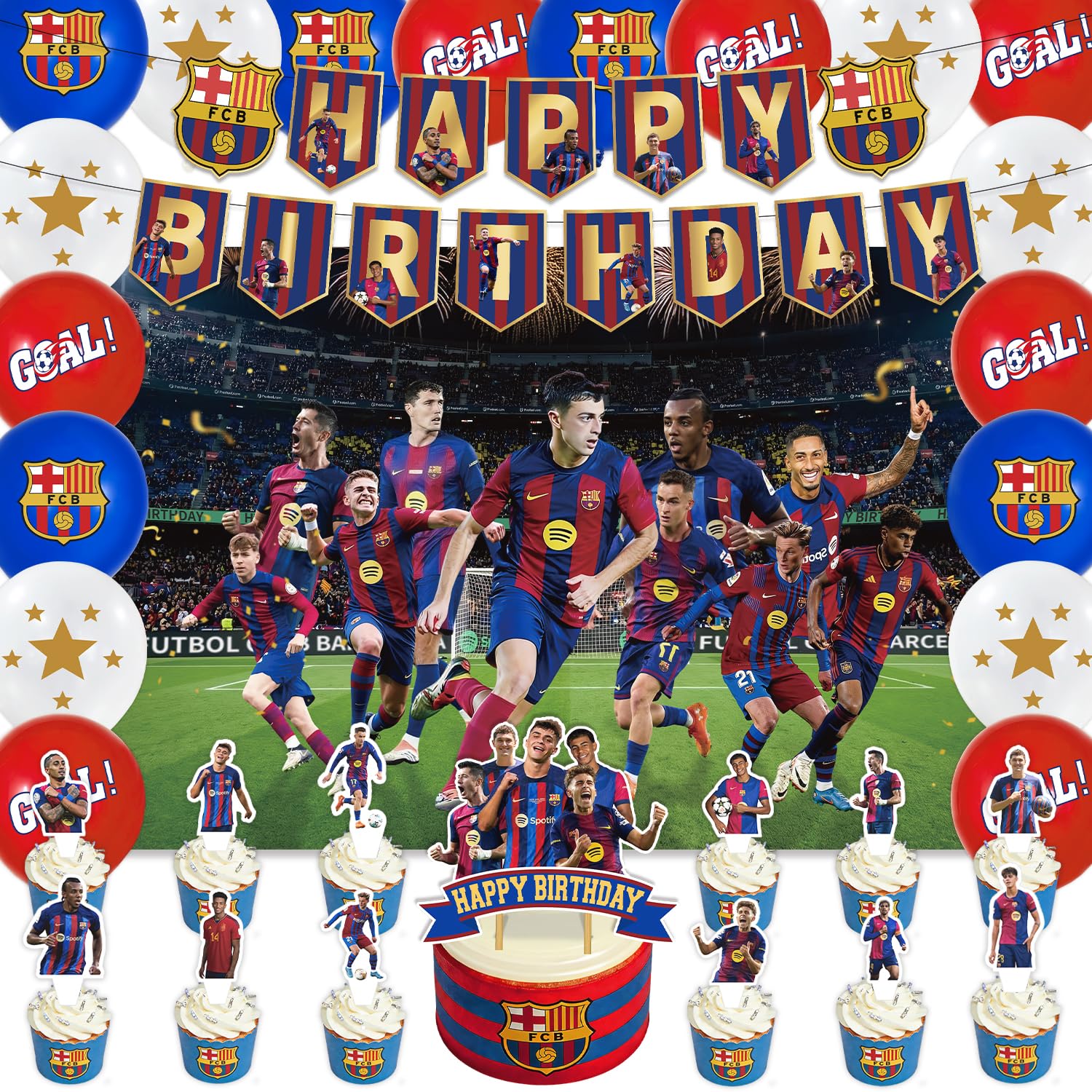 42Pack FC Soccer Party Supplies Pack Includes，Banner，Cake Topper，Blackdrop,Balloons for Barcelona Football party Decoration plates