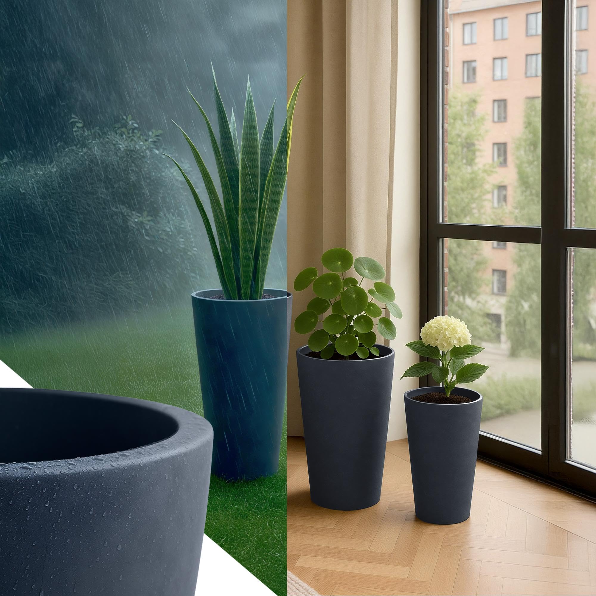 CLP Pflanzkübel groß, 3er Set für außen und innen, Outdoor XXL Blumenkübel rund, wetterbeständig frostsicher in Steinoptik, Winterfest, Farbe:anthrazit