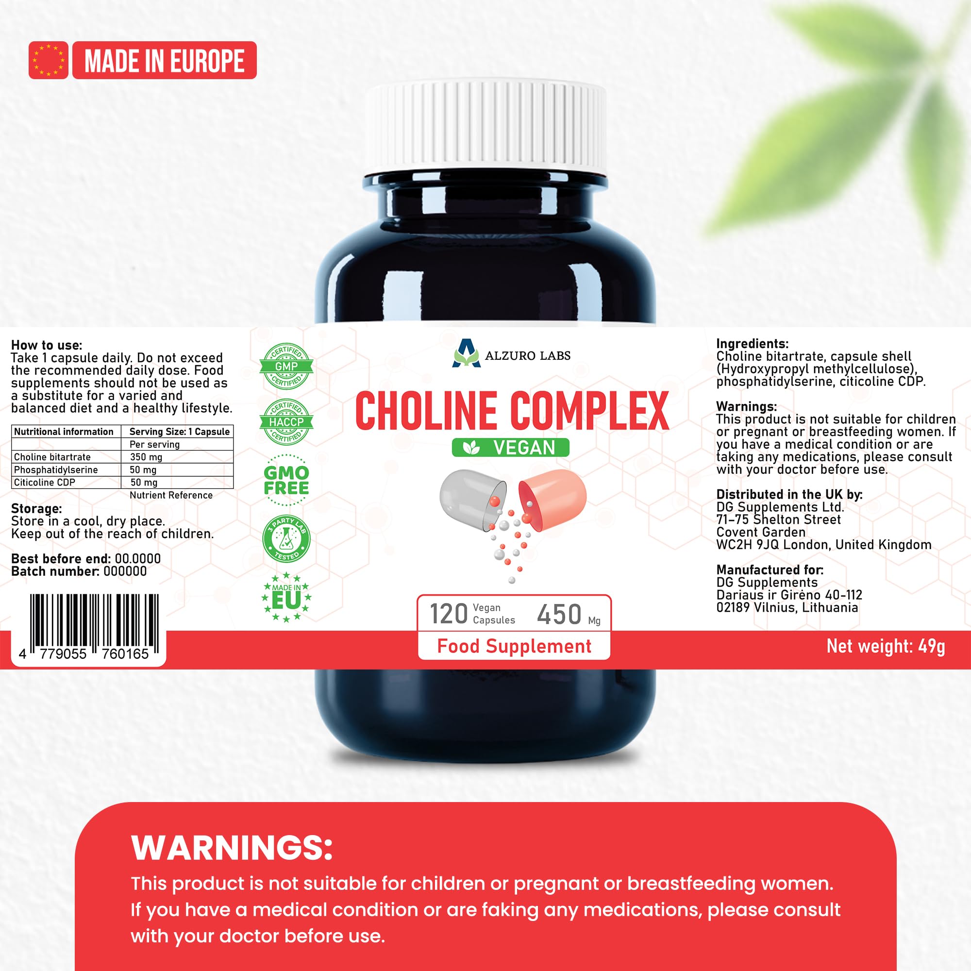 Complexe Choline | Bitartrate de choline, Citicoline (CDP-choline) & Phosphatidylsérine | 120 gélules végétales | GMP & Testé en Laboratoire Indépendant