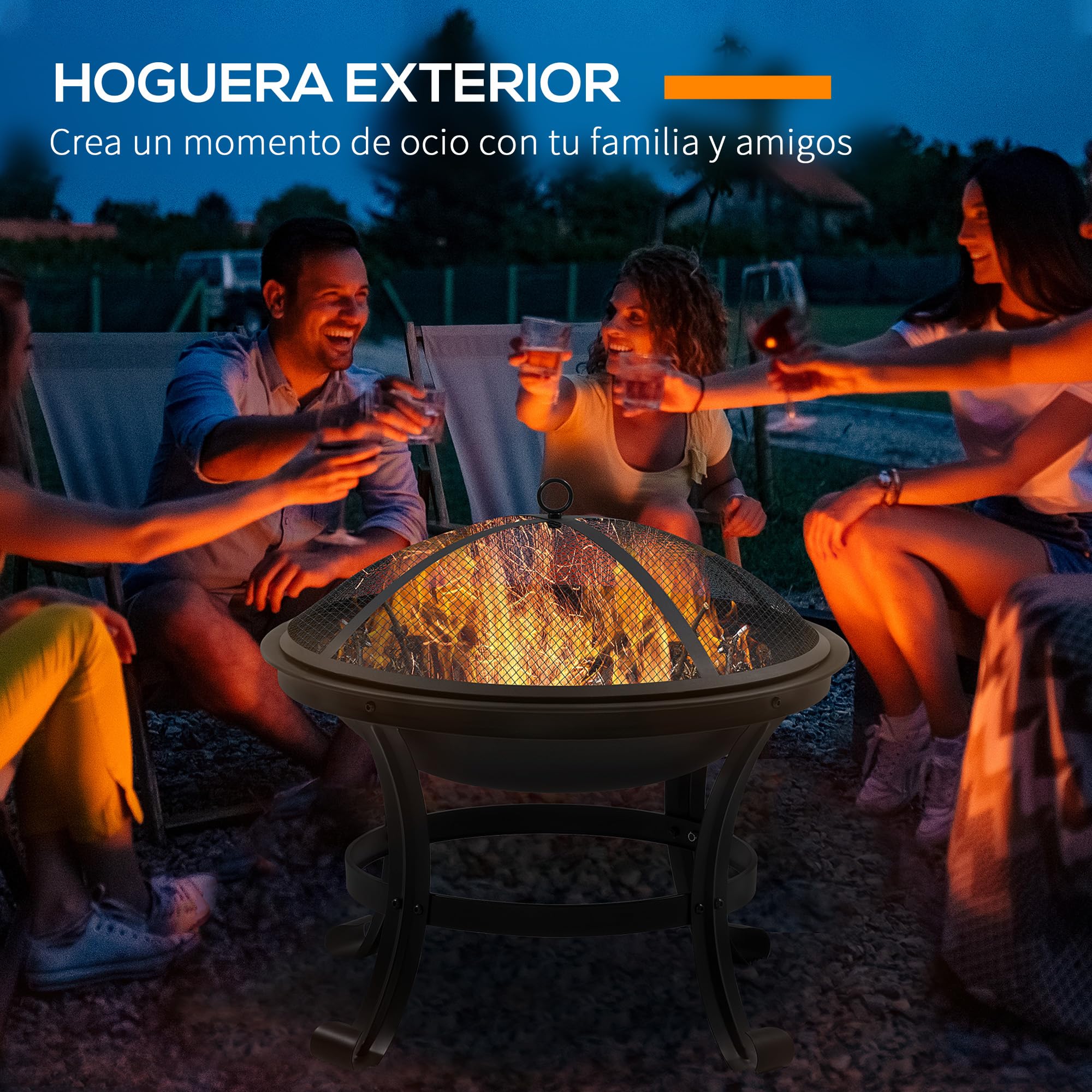 Outsunny Brasero Exterior para Jardín Pozo de Fuego de Acero con Protector de Chispas y Atizador para Hogueras en Terraza Camping Ø55x50 cm Negro