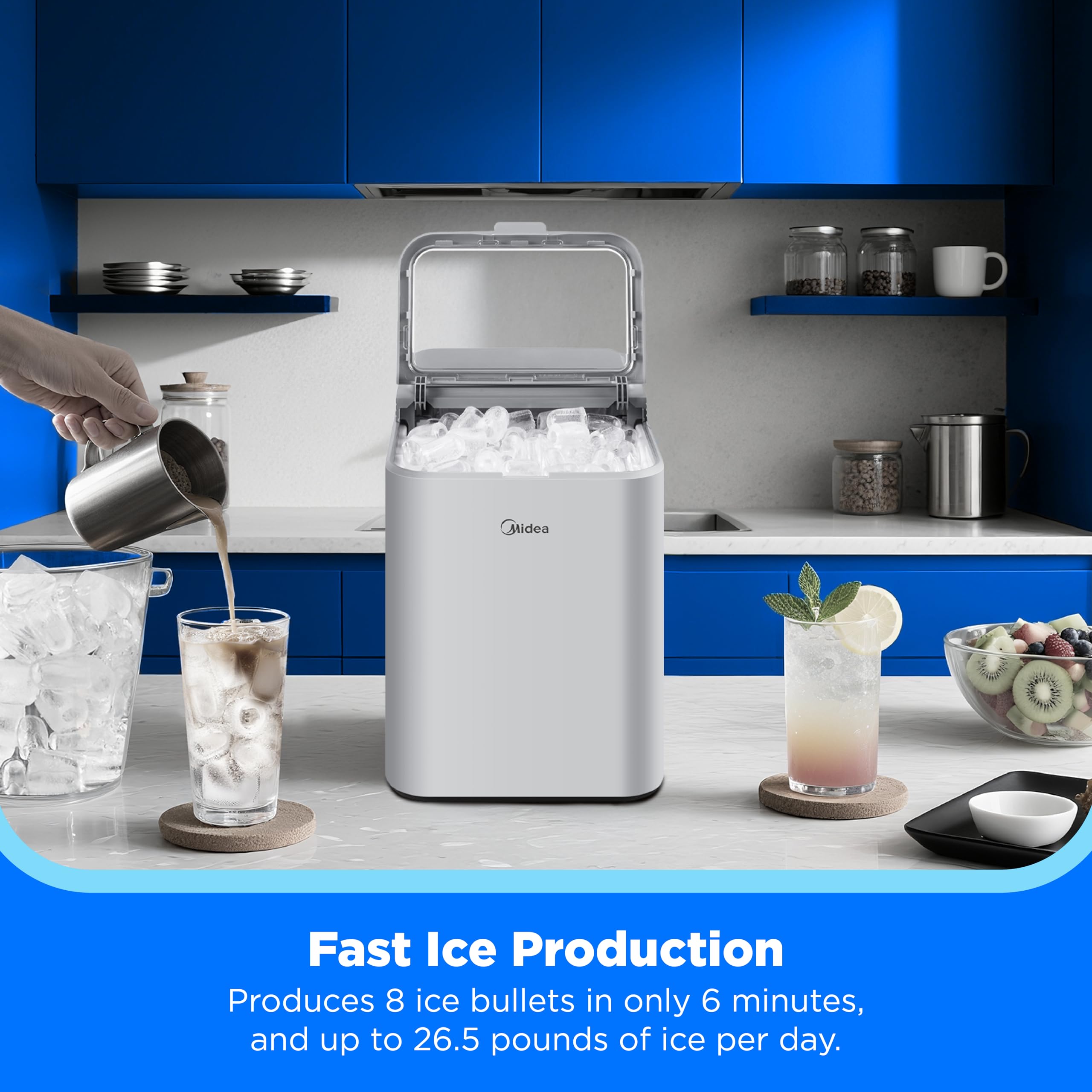 Midea Meri26b1agy Countertop Bullet-Ice Maker, 8 Ice Bullets Ready In 6 Minutes, 26lbs/24h, Self-Cleaning Function With Ice Scoop And Basket For Home/Office/RV on Fridge.com - View 2