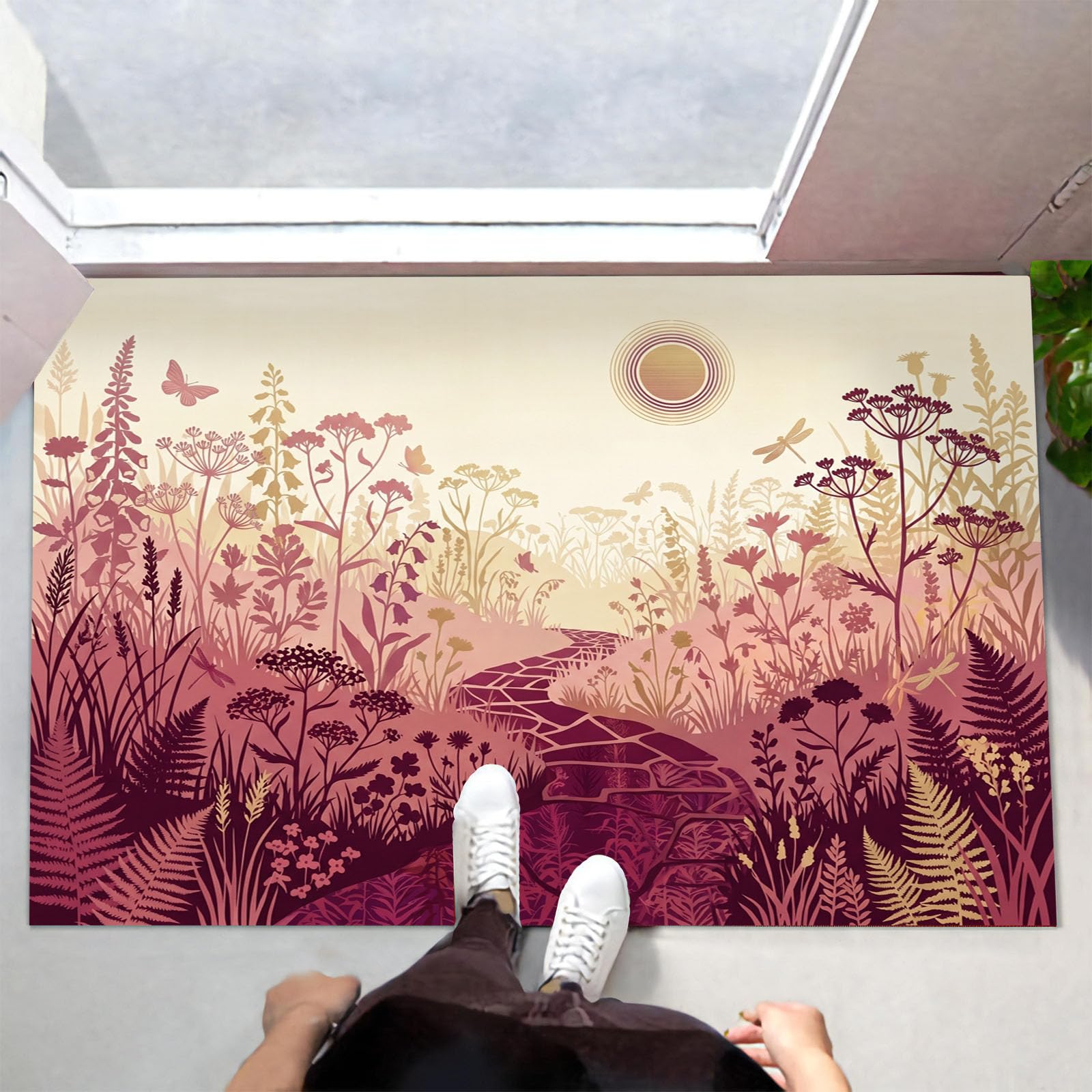 Zerbino Interni Paesaggio Vegetale Rurale 60X90Cm, Antiscivolo Lavabile, Tappeto Da Ingresso Tranquillo Sentiero Nel Giardino, Tappetino Pelo Basso Antipelo Per Porta D’Ingresso, Rosso