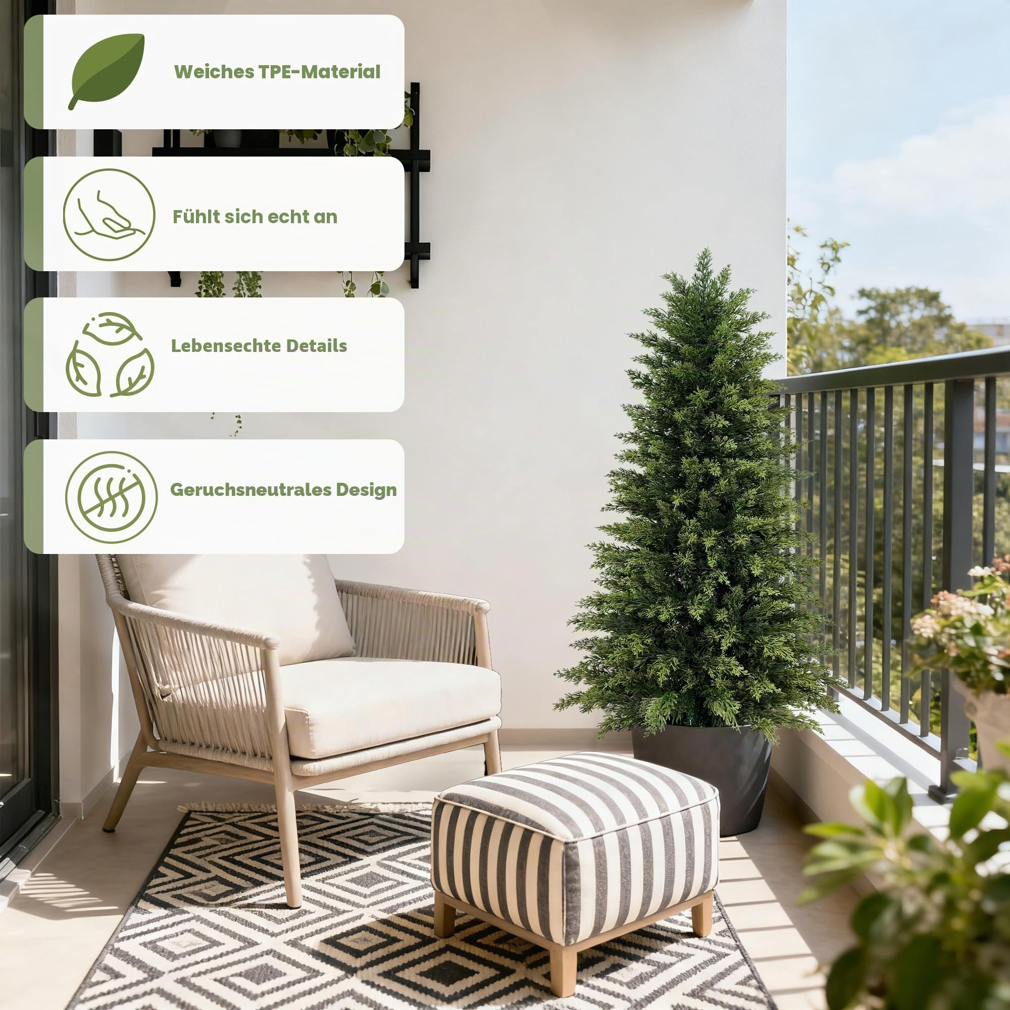 Vitalismo Künstliche Pflanzen wie echt Kunstbaum Zypress mit Topf 123cm | UV-beständig, Naturgetreue Optik, Kunstpflanze Outdoor Wetterfest für Zimmerdekoration Eingang Balkon Garten Weihnachtsdeko