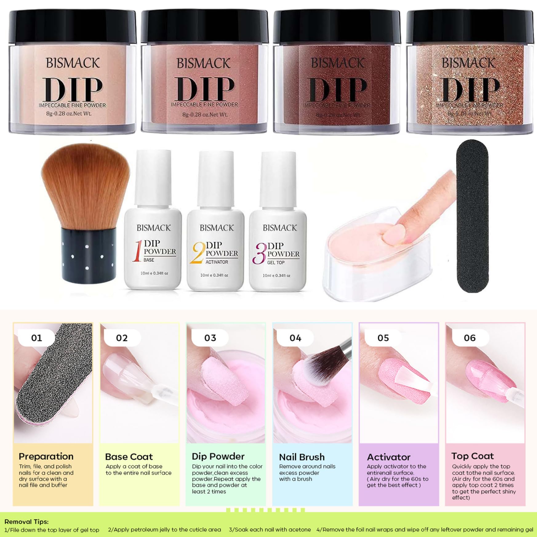 Kit de poudre de trempette 10pcs / ensemble, poudre trempette à 4 couleurs avec activateur base / couche finition, kits d'ongles pour bricolage, marron