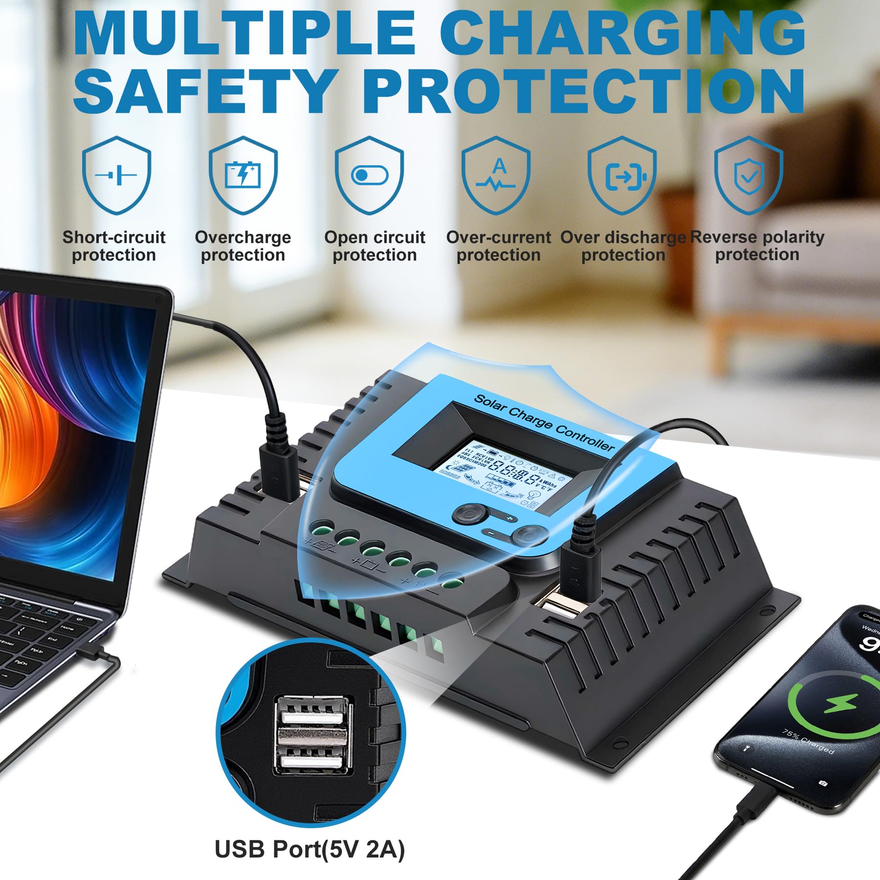 20A Solar Laderegler Mit Bluetooth, PWM 20A Solarladeregler 12V 24V mit Temperatursensor LCD Anzeige und 4 USB Ports,Geeignet Lithium, Blei-Säure, Gel-Batterie