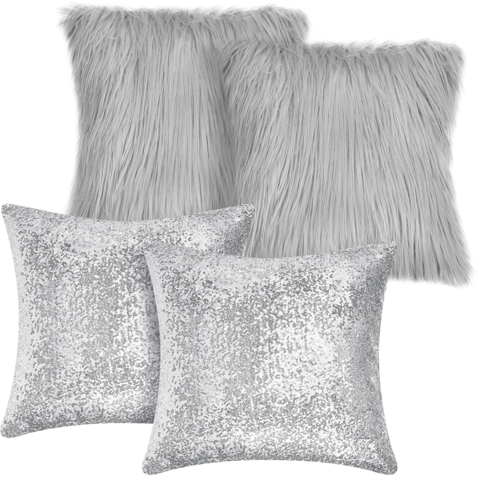 Housses de coussin d'hiver Irenare lot de 4 en fausse fourrure gris argenté 45x45 cm