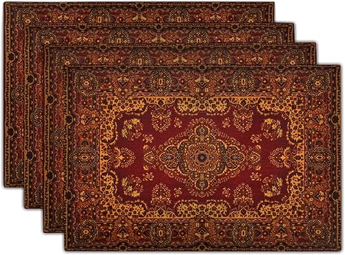 aportt Juego de 4 Manteles Individuales Bohemios Rojo Dorado Estilo Boho Vintage Retro Alfombra Tapete de Lino Lavables para Cocina Mesa de Comedor