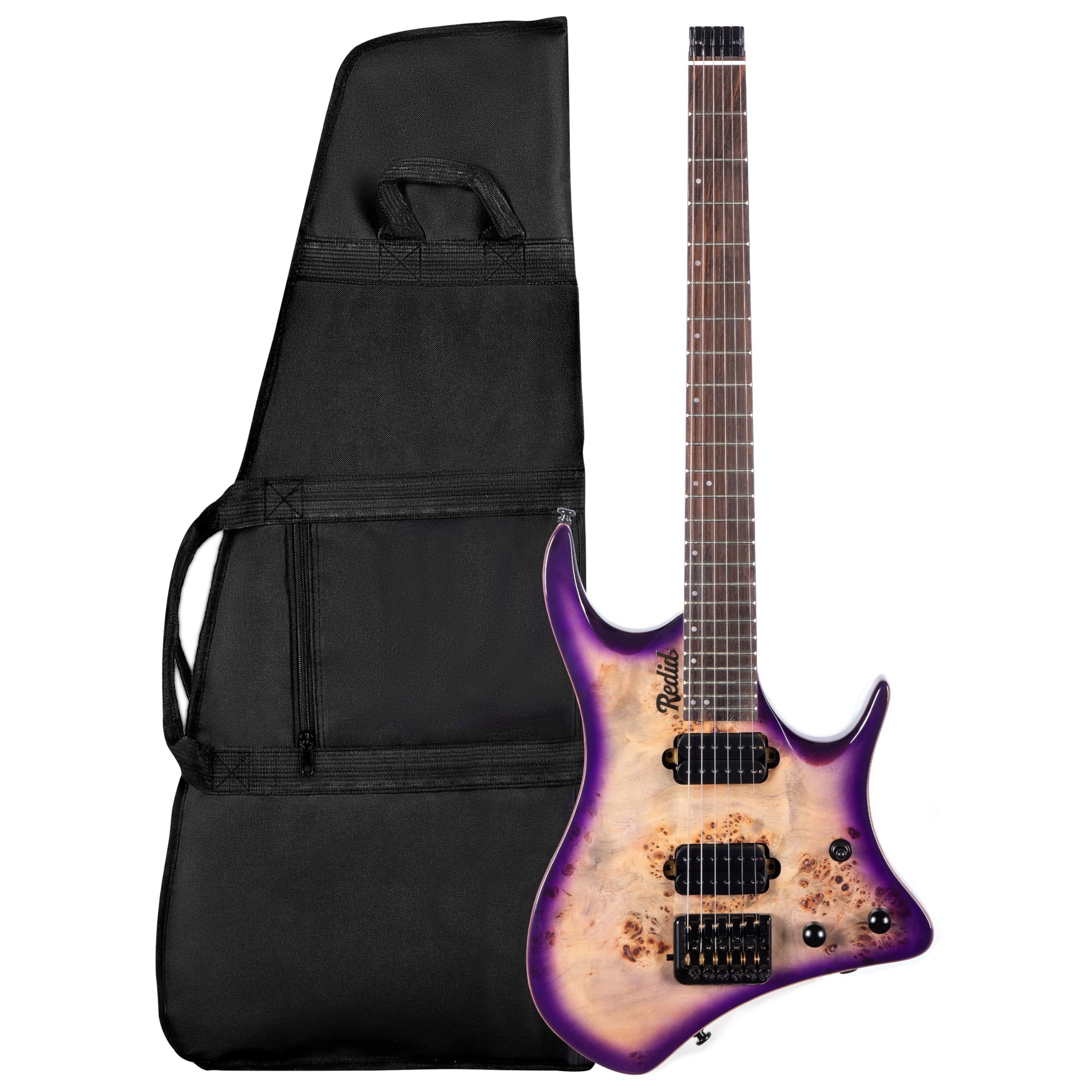 Headless Electric Guitar, 25.5″ Scale Travel Guitar with Dual Humbucker Pickups, Mahogany Body & Maple Neck, 24 Frets, Lightweight Portable Electric Guitar with Gig Bag(Purple)