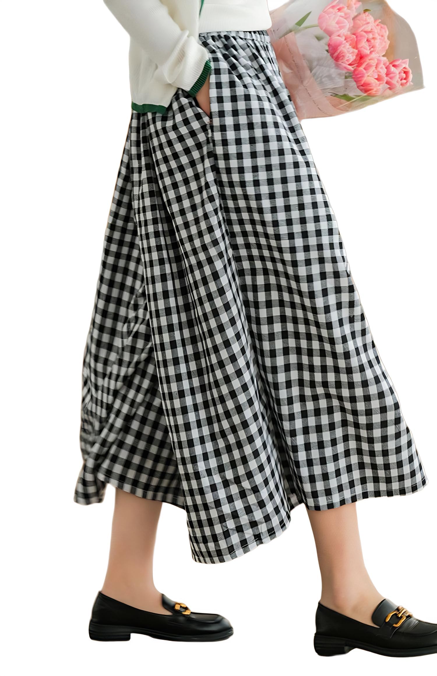 FaroDor Women Gingham Culottes Wide Leg Palazzo Pants Elastic Waist Plaid Capri with Pocket