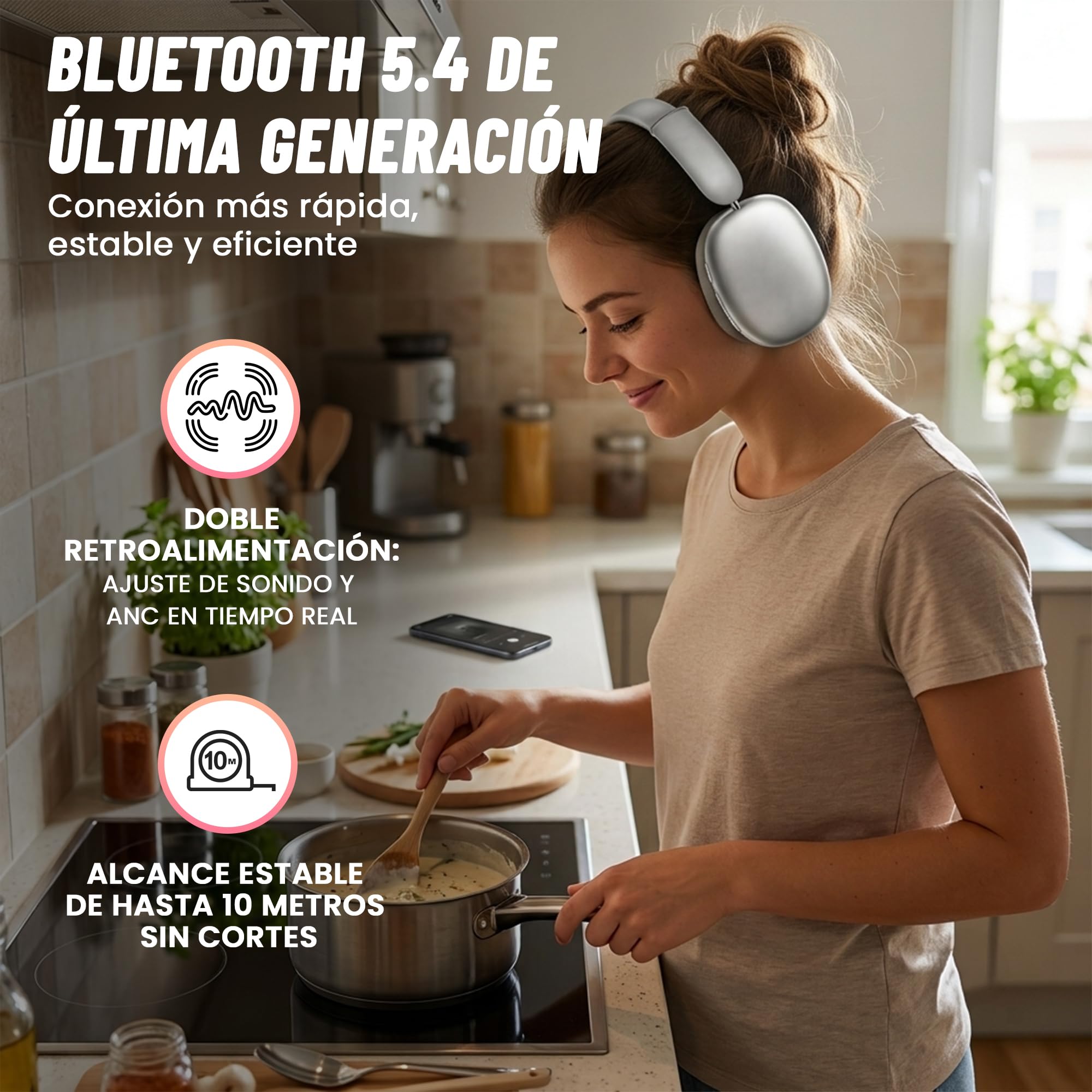 BEBEAT - Auriculares Inalambricos Bluetooth Diadema con Cancelación de Ruido Activa - 75 Horas de Uso - Carga Rápida, Ecualizador, Carga USB-C, Rango de 10 m, Llamadas Nítidas, iOS y Android.