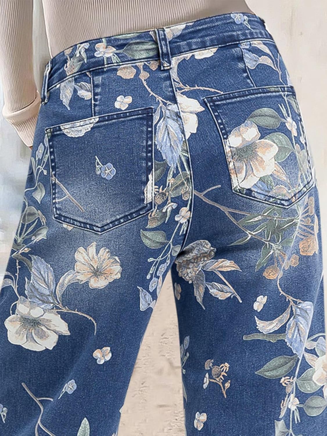 Flamingals Floral Print Wide Leg Cropped Pants for Women Trendy Mid Rise Boho Ankle Cute Jeans