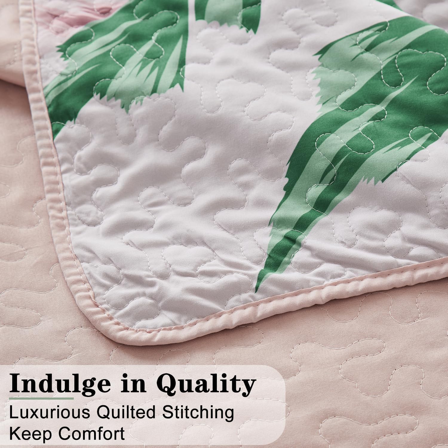 Yogeneg Queen Quilt Bedding Set,Green Botanical Pattern Blush Full/Queen Quilt Set,3 Piece Lightweight Soft Summer Bedspread Coverlet with 2 PIillow Shams,All Season(Pink,90"x96") - Image 5