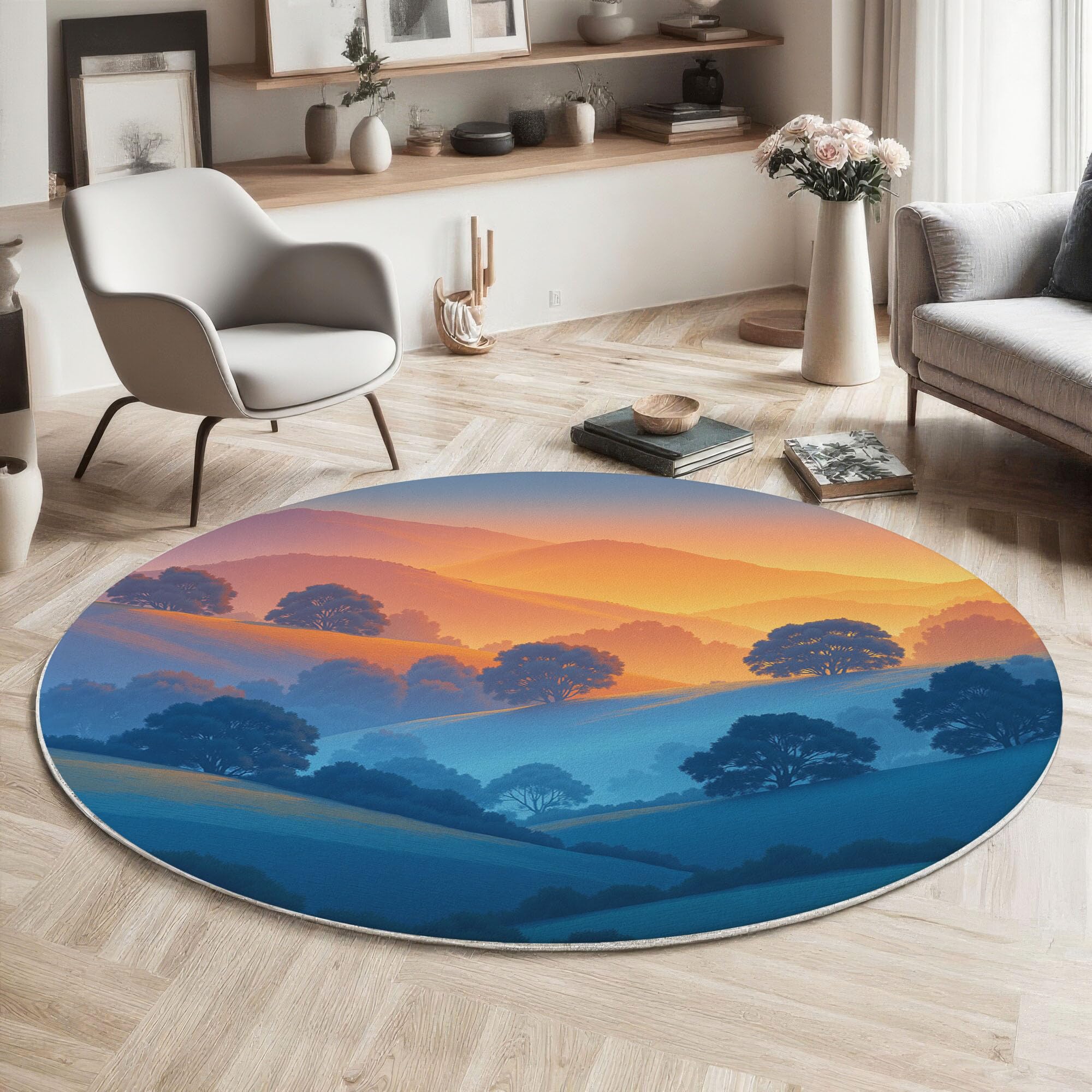 Runder Teppich Pastellfarben 100cm Kurzflor Teppich, Waschbar Rund Weich Rutschfest Teppiche, Minimalistische Landschaft Sonnenaufgangshügel Bäume für Wohnzimmer Küche Schlafzimmer Kinderzimmer
