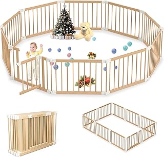 Wooden Baby Gate Playpen - Foldable Play Pen for Infants & Toddlers | Portable & Sturdy Wood Baby Gate with Lock | 4-8-10 Panels Expandable & Adjustable Play Yard for kids | 23.9 * 35.5IN (RXZ-WBP-10)