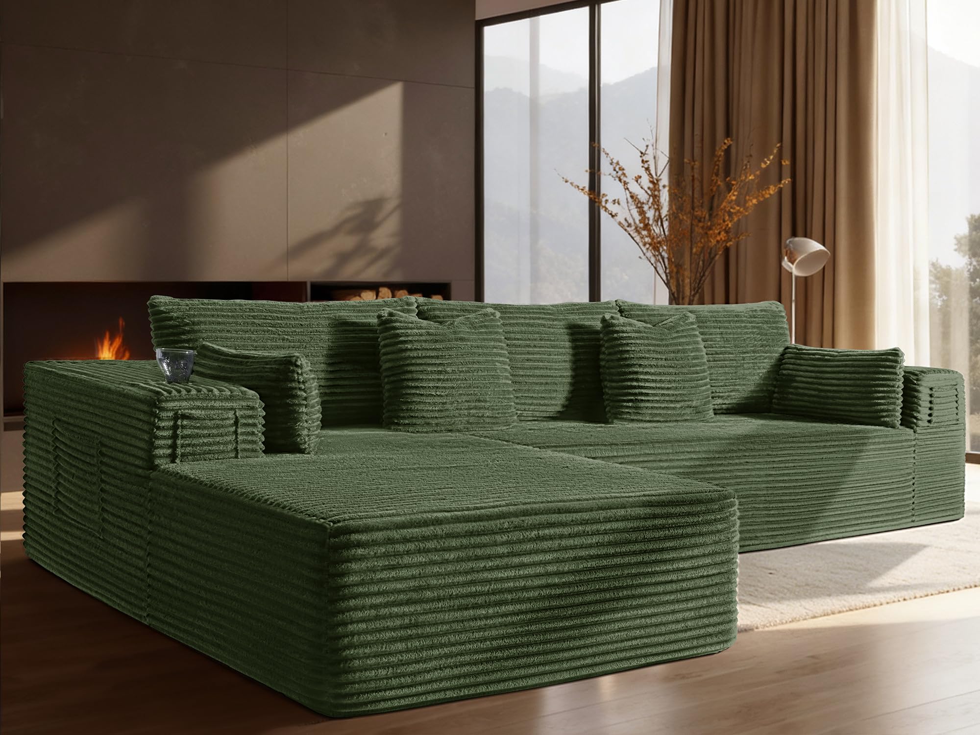 108" Cloud Sectional Couch, Comfort L Shaped Boneless Couch for Living Room, Extra Deep Seats No Assembly, Minimalist Modular Sofa, Corduroy (Olive Green, 2 Seater + Left Facing Chaise)