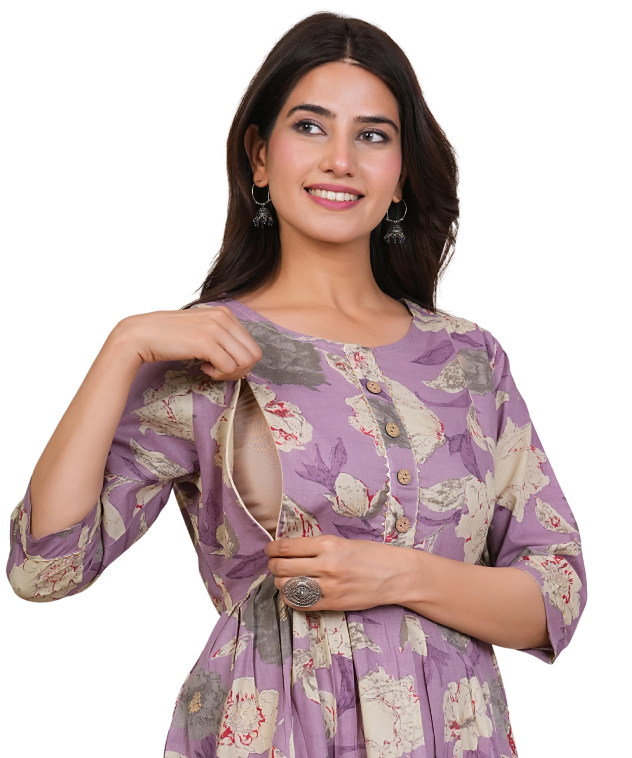 PANJI DUKAAN Women's Cotton Anarkali Maternity Dress, Pregnancy Dress,Feeding Kurti,Easy Brest Feeding Dress, with Both Side Zipper and Belt