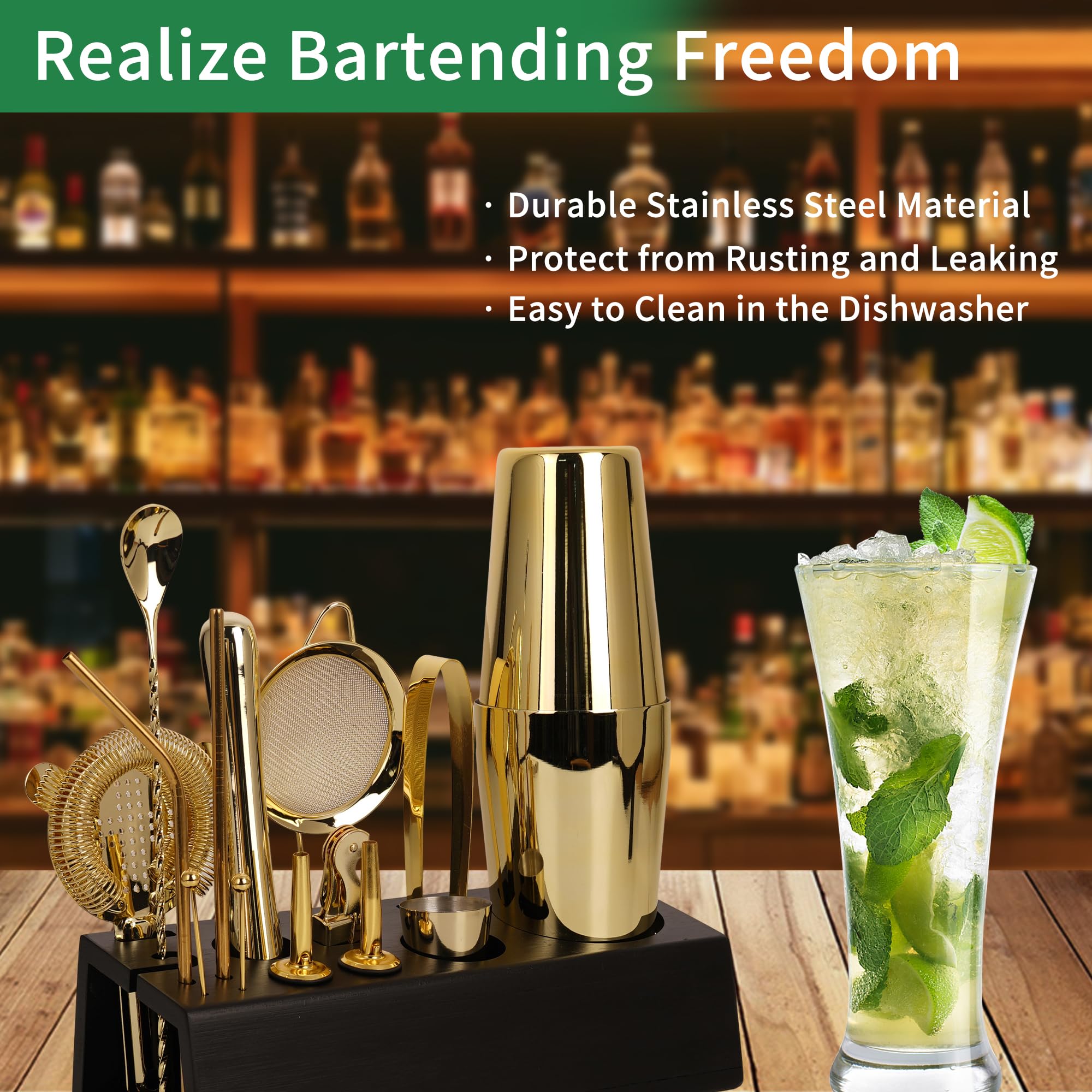 Juego de coctelera Boston, kit de coctelera Boston de 15 piezas, accesorios de barra de acero inoxidable, kit profesional de bar para el hogar con folleto de recetas (dorado, soporte negro)