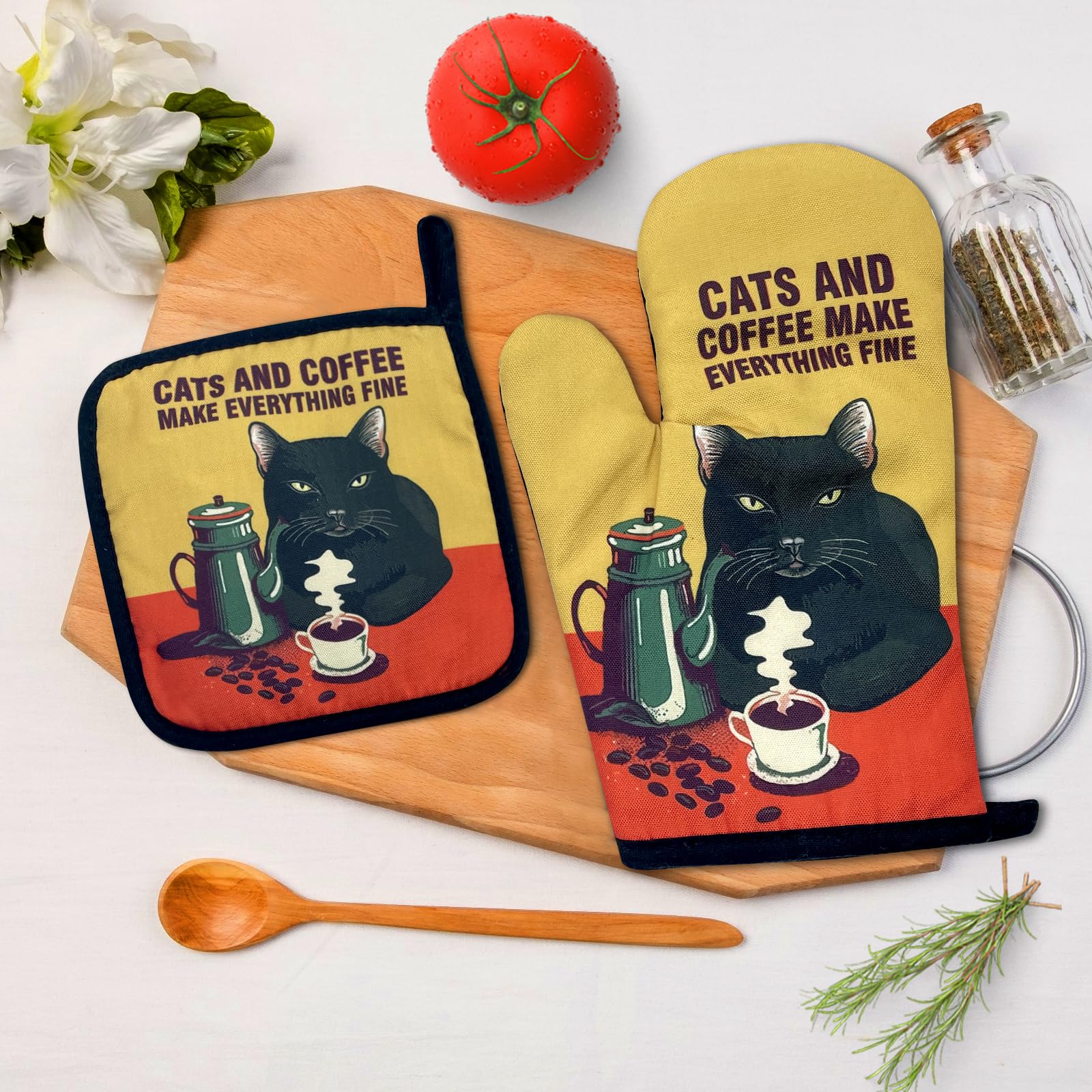 Cats and Coffee Make Everything Fine,Funny Oven Mitts and Pot Holders Sets of 2,Silicone Non-Slip Oven Mitts,Cooking Baking BBQ Gifts,Cat Oven Mitts,Cat Lover Gift