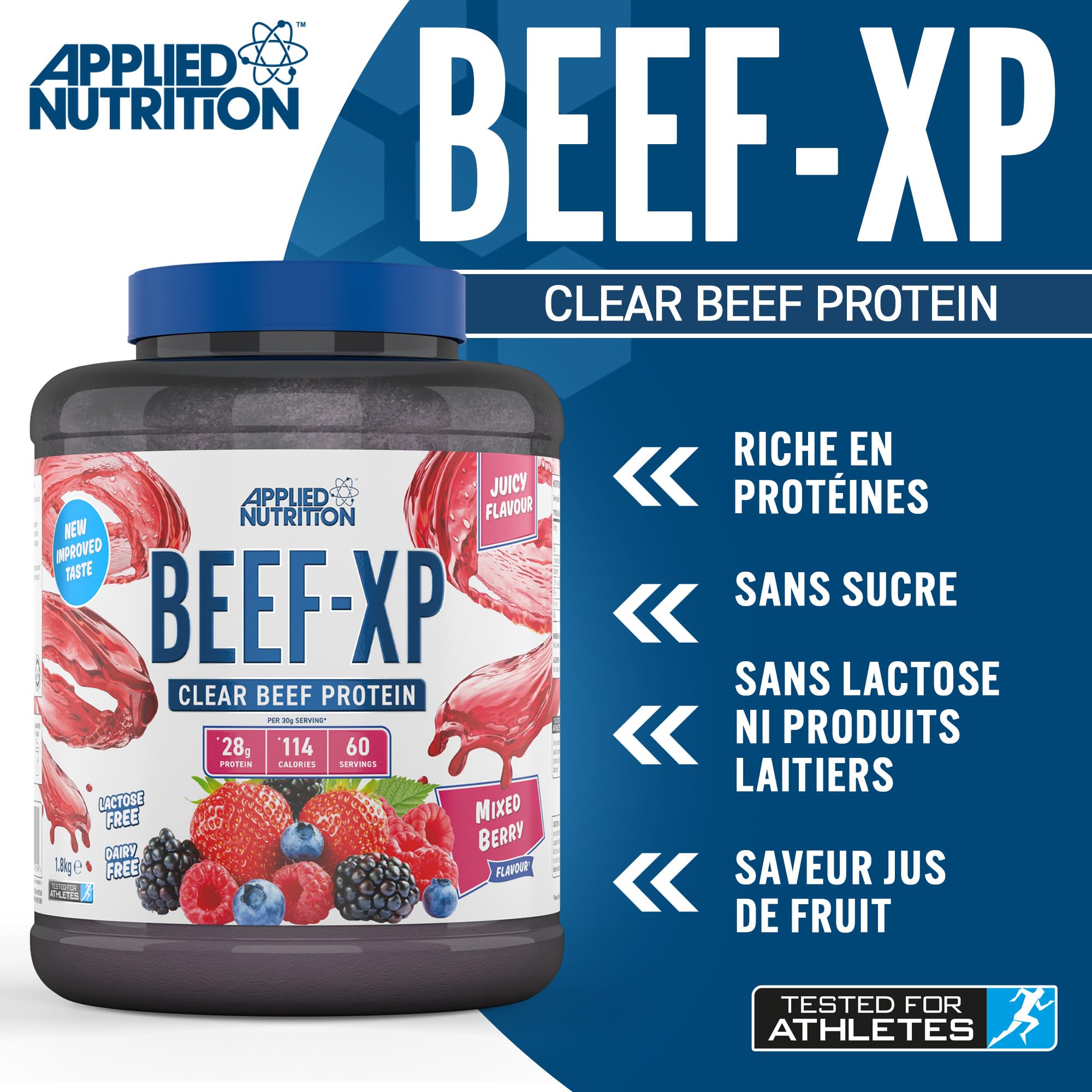 Applied Nutrition Bœuf XP Isolat de Protéines de Bœuf Hydrolysées, Poudre de Protéines de Bœuf, Boisson Protéinée sans Produits Laitiers, sans Lactose, sans Sucre, 60 Portions (1.8Kg, Mixed Berry)
