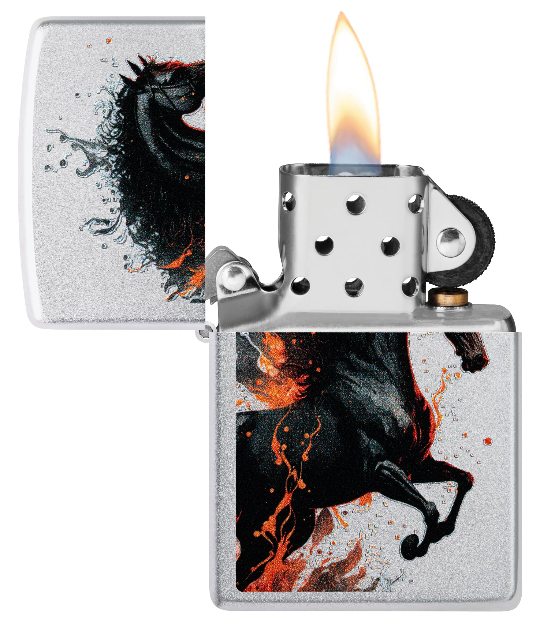 Zippo Sturmfeuerzeug - Fire Horse, Satin Chrome, Color Image - Nachfüllbar - Wiederverwendbar - Windfestes Design - Geschenkbox - Made in USA