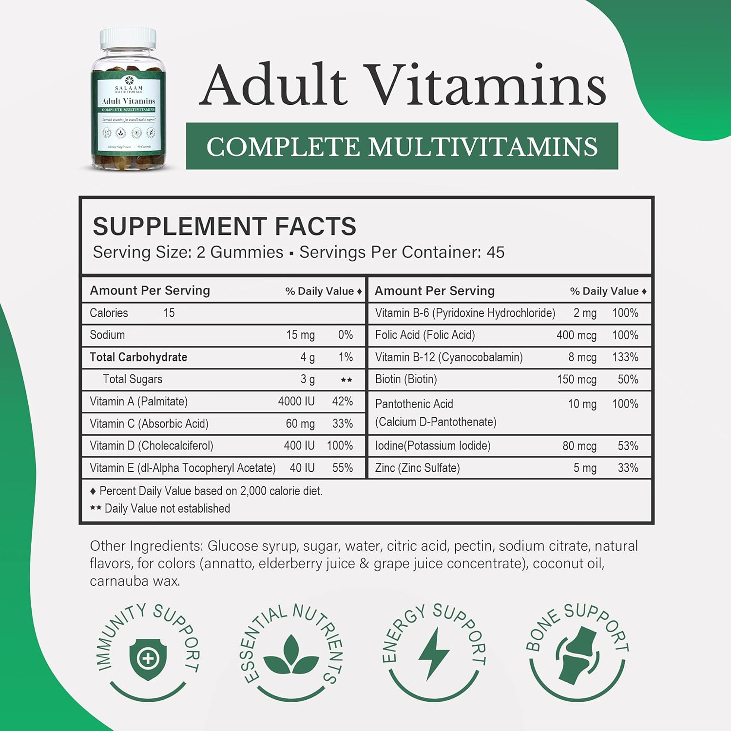 Salaam Nutritionals - Adult Multivitamins, Vitamin Gummies for Women and Men, Multivitamins for Adults with 11 Essential Vitamins and Minerals, 90 Count, 1 Pack.