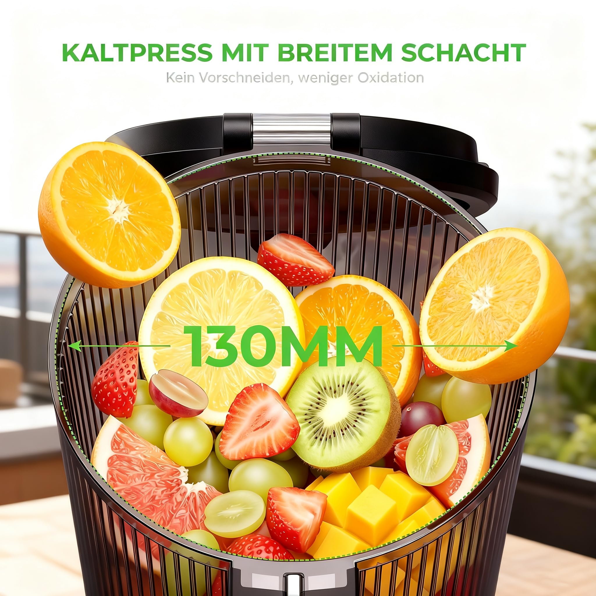 Entsafter Saftpresse mit 130mm Breiter Einfüllschacht 250W Kaltpress Entsafter für Ganze Früchte & Gemüse 2L Slow Juicer mit 2 Gläsern Leicht zu Reinigender BPA-frei Hohe Saftausbeute Entsafter